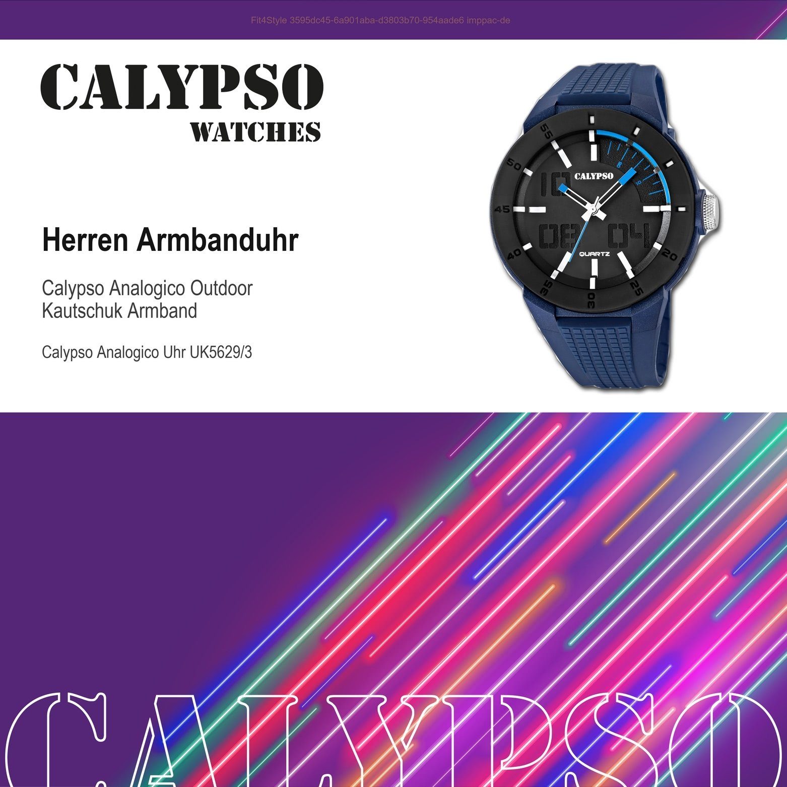 Armbanduhr CALYPSO Herren K5629/3 Kautschukarmband Quarzuhr Calypso Uhr rund, Outdoor WATCHES blau, Kunststoffband, Herren