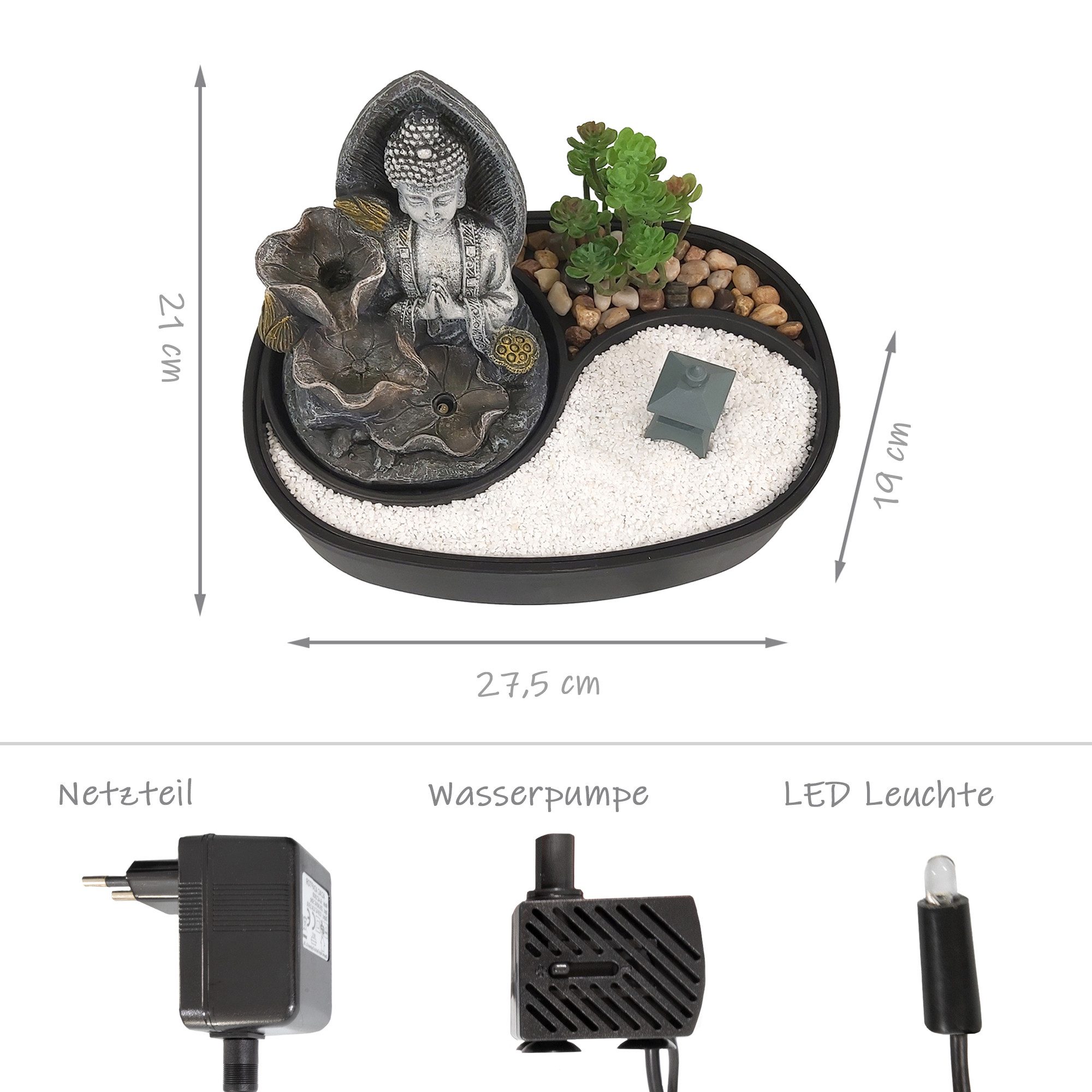 Lemodo Zimmerbrunnen Tischbrunnen mit Zen-Garten, Pumpe mit LED-Beleuchtung