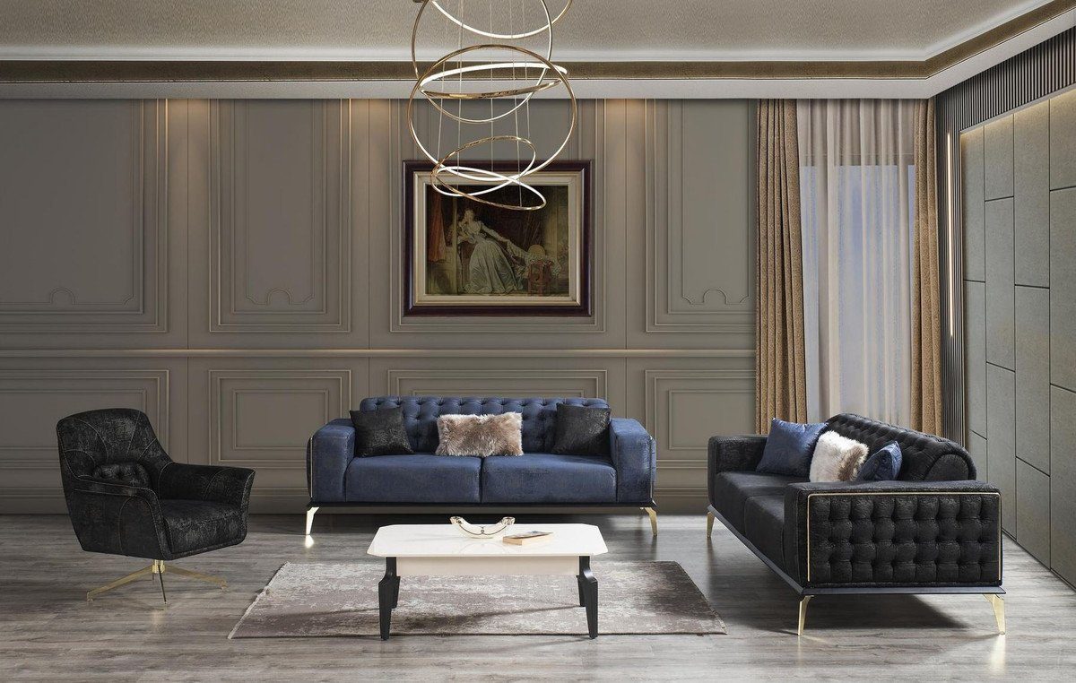 Casa Padrino Chesterfield-Sofa Luxus dekorativen Luxus Sofa Art / 86 cm mit Wohnzimmer / Schwarz Grau x 236 Kissen - x Messingfarben - Edles Sofa Deco 99 Chesterfield Qualität H