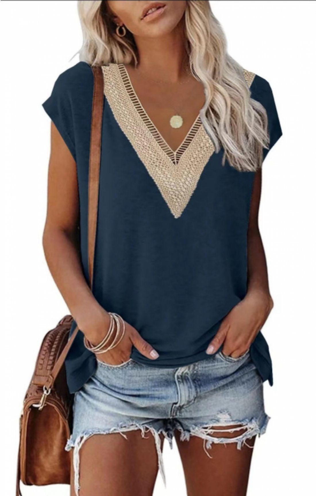 carefully selected V-Shirt Damen-Oberteil mit V-Ausschnitt – lockeres Sommer-T-Shirt Navy blau