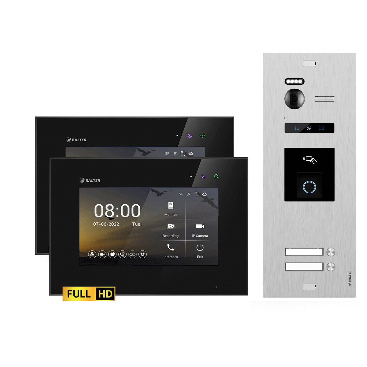 Balter Video-Türsprechanlage EVO HD Set Silber für 2-Familien Fingerprint und RFID 2x Monitore (Set, 2-Familienhaus, Komplettsett, Full HD 175° Kamera, Fingerprint, RFID)