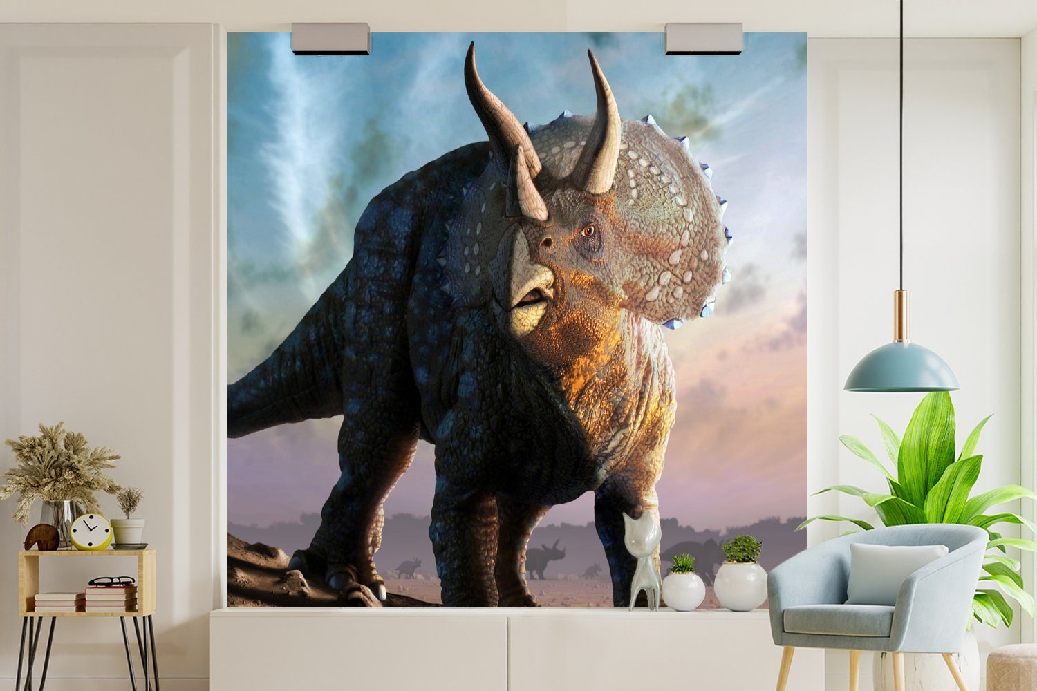 Geschichte (5 Tapete Schlafzimmer, Dino Kinder - - MuchoWow Junge, Wandtapete Triceratops Wohnzimmer - Fototapete oder St), - Vinyl - bedruckt, Kinder Kleiner für Matt,
