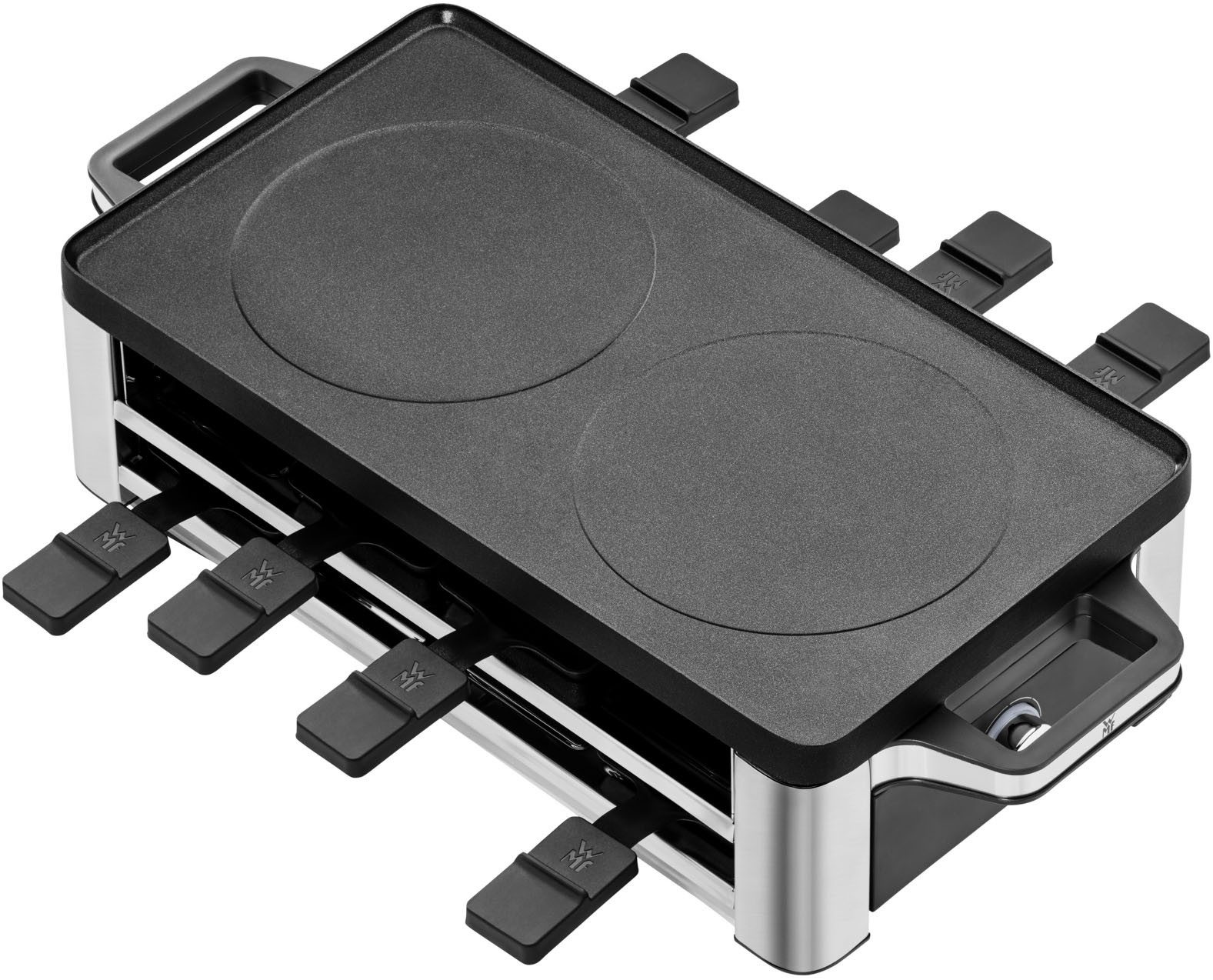 WMF Raclette LONO, inkl. Parkebene für unbenutze Pfännchen, 8 Raclettepfännchen, 1500 W, Spülmaschinengeeignete Pfannen und Spatel, antihaftbeschichtete Platte