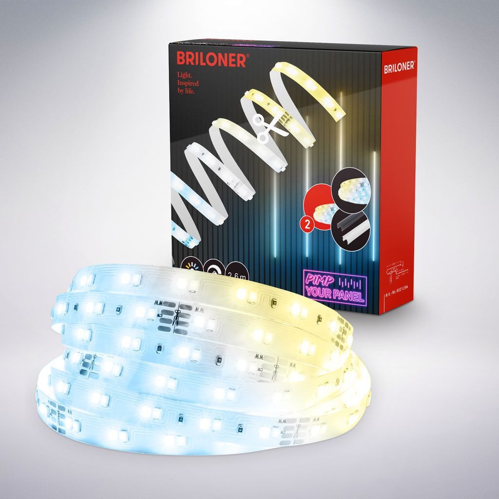 Briloner Leuchten Schrankleuchte 8021294, Dimmfunktion, LED fest integriert, 2700K - Extra-Warmweiß, LED Strip 2,6m Weiß 24V Zubehör Akustikpaneele Wohnzimmer Flur
