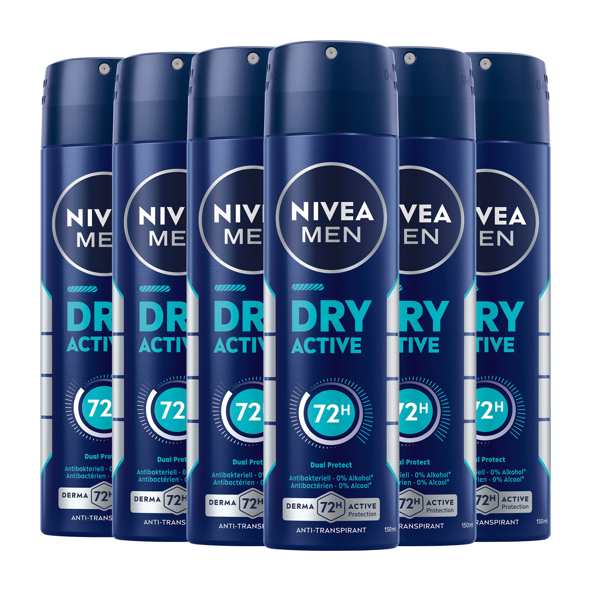 Nivea Men Deo-Spray Deodorant Dry Active 48h Aktiv-Schutz 6 x 150ml, Packung, 6-tlg., Zuverlässiger 72h Anti-Transpirant-Schutz, der Ihre Haut pflegt