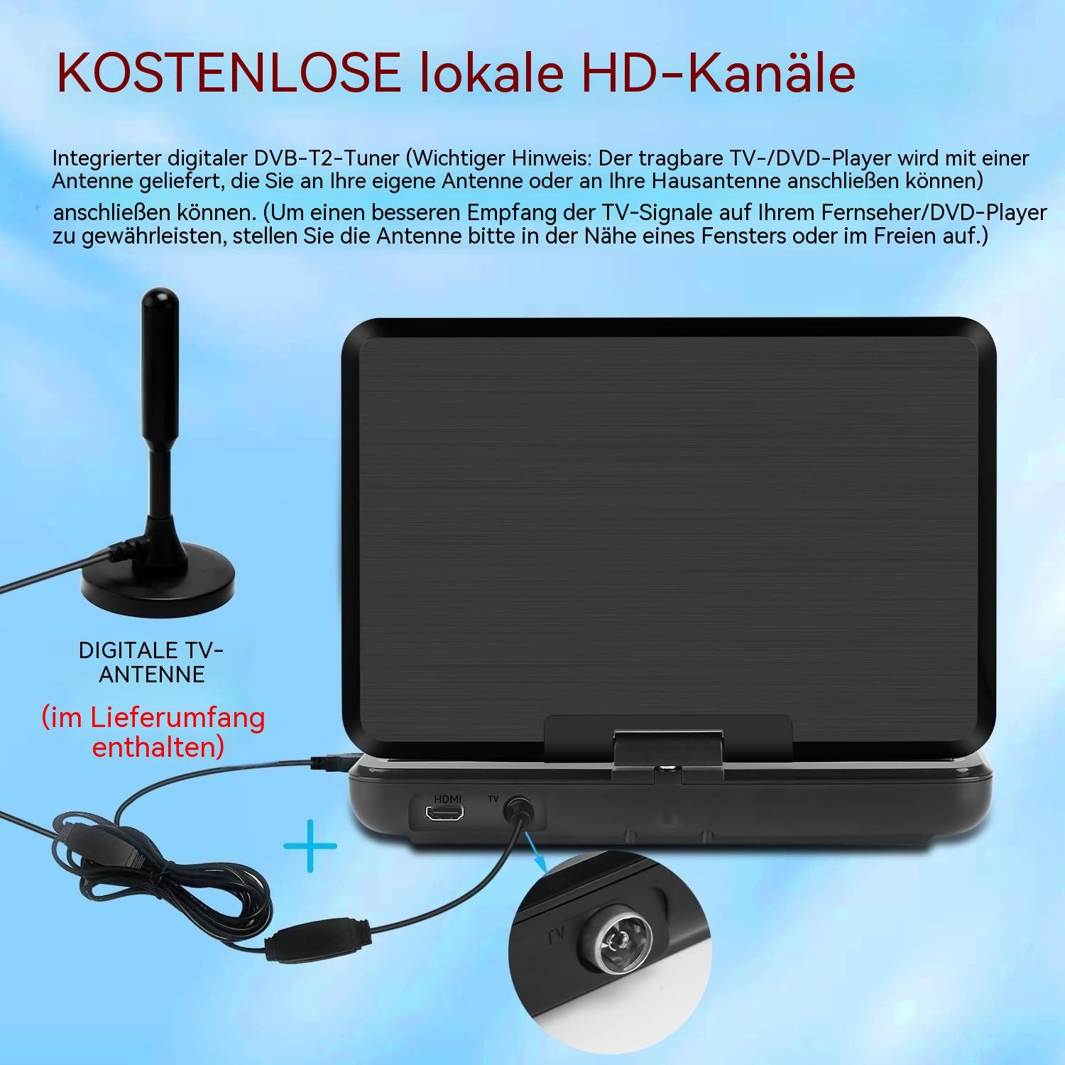 TWUFY 15,6 Zoll Tragbarer DVD-Player für Kinder und Auto Portabler DVD-Player (1366 × 768, Digitalem DVB-T2-Tuner SD-Kartensteckplatz und AV-Ausgang)