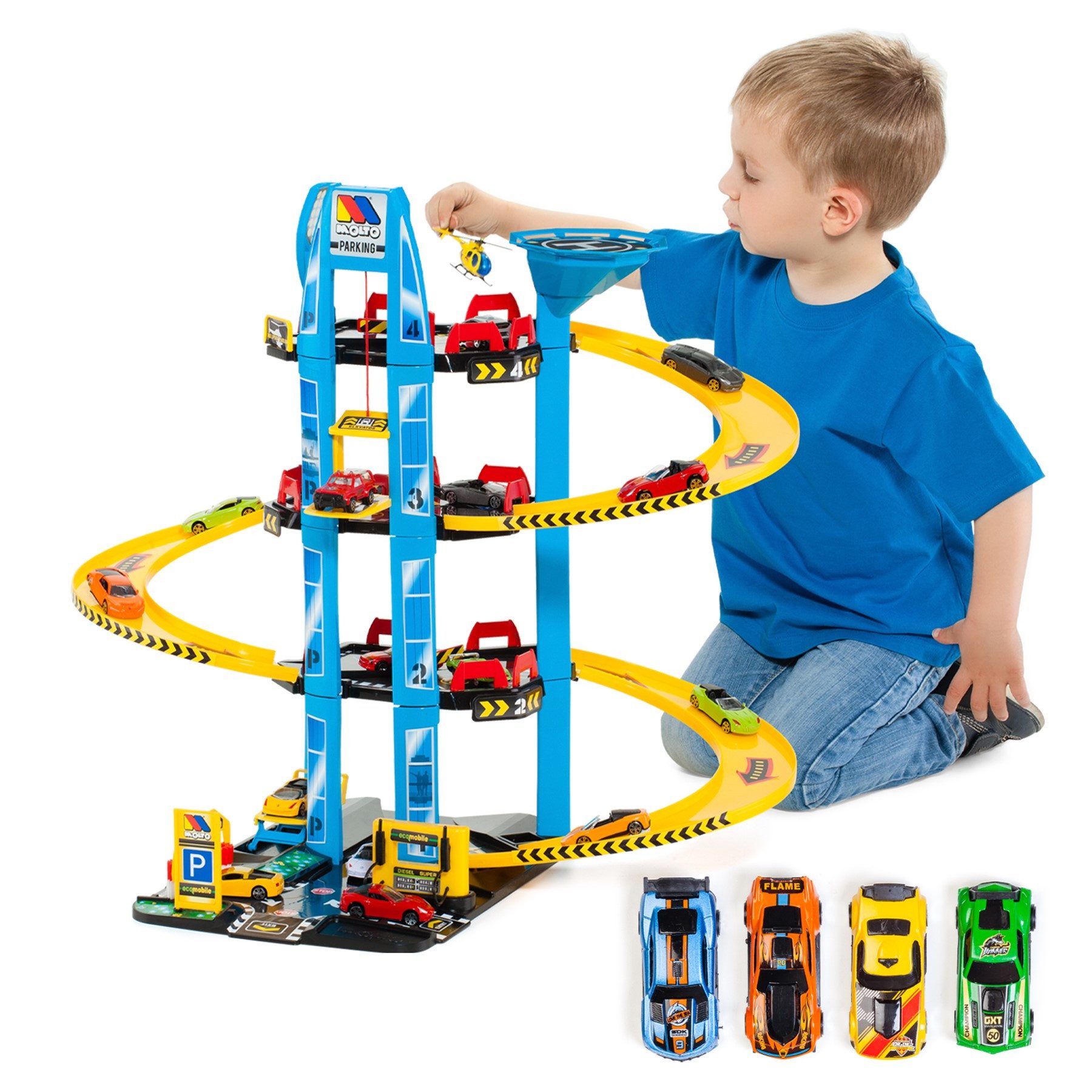 MOLTO Spiel-Parkhaus Parktower, Parkgarage mit 4 Spielebenen,4 Autos,1 Hubs günstig online kaufen