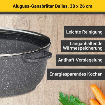 Krüger Bräter Aluguss Gansbräter mit Glasdeckel und Aromaknopf Dallas, 38 x26 x13 cm, Aluminiumguss (1-tlg), für Induktions-Kochfelder geeignet