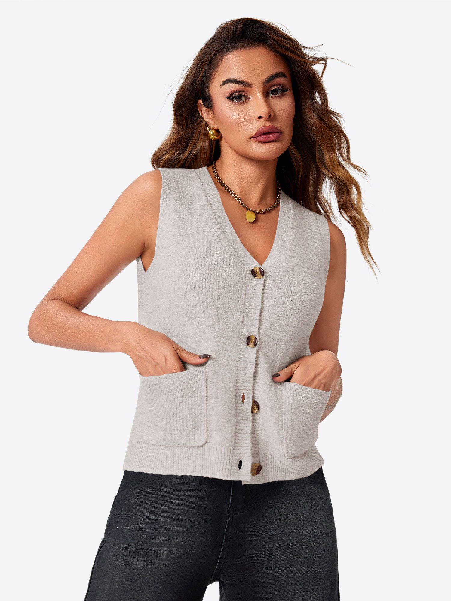 Imily Bela Strickweste Damen Ärmellos mit V-Ausschnitt Knopfleiste und Taschen (Packung, 1-tlg., 1per-Pack) in Unifarbe gehäkelt