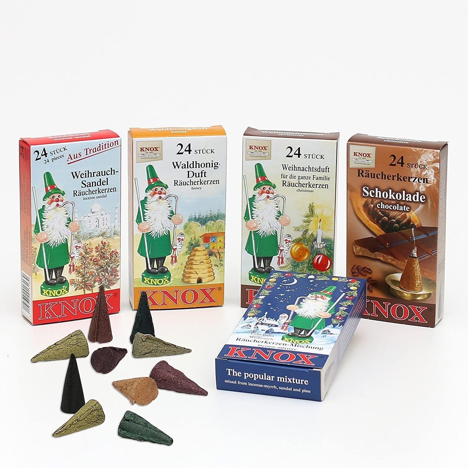 KNOX Räucherkegel 5er Set Räucherkerzen Sandel, Waldhonig, Weihnachtsduft, Schokolade
