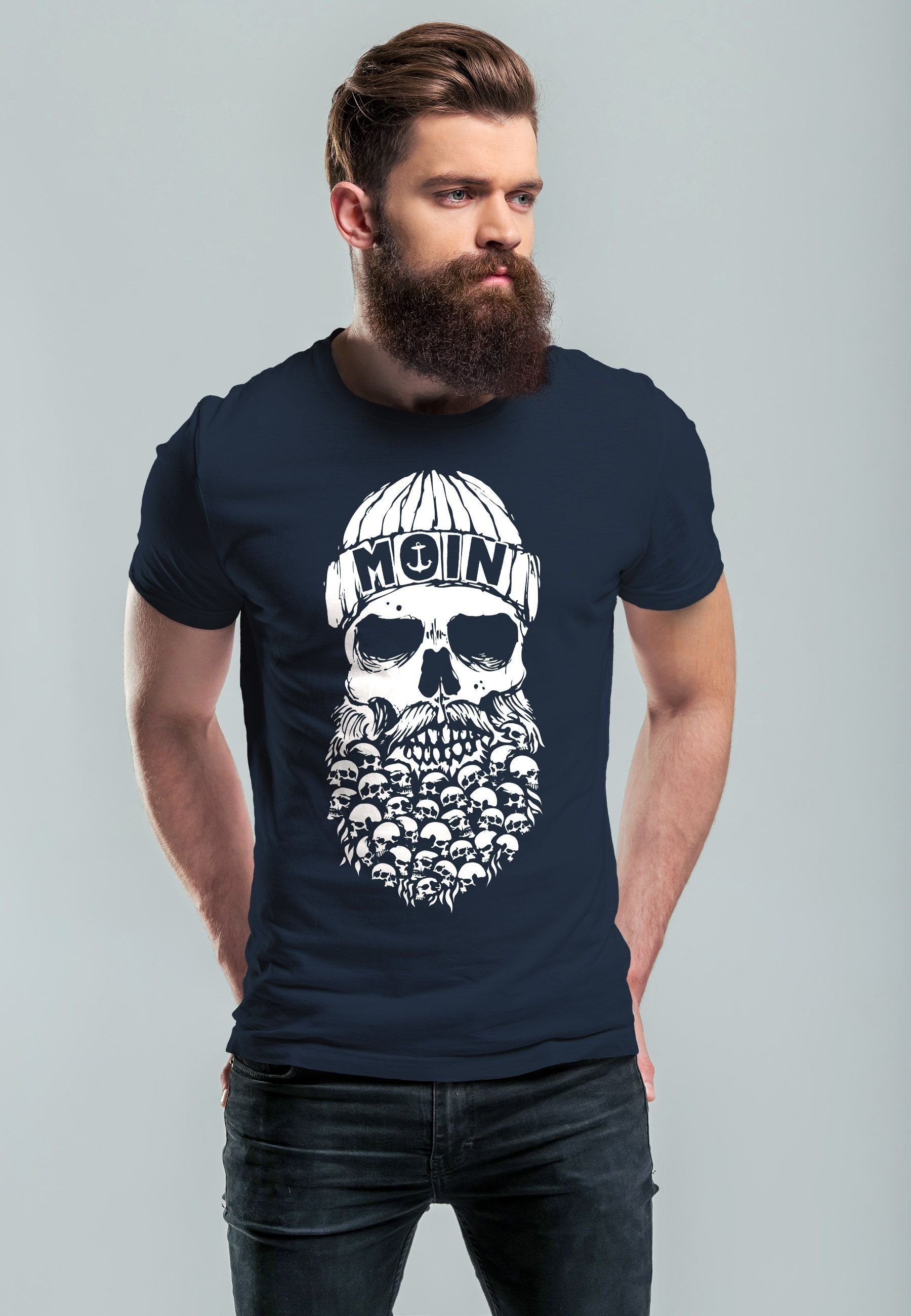 Neverless Print-Shirt Herren T-Shirt Totenkopf Skull Moin Fas Dialekt Hamburg mit Anker Print navy Nordisch