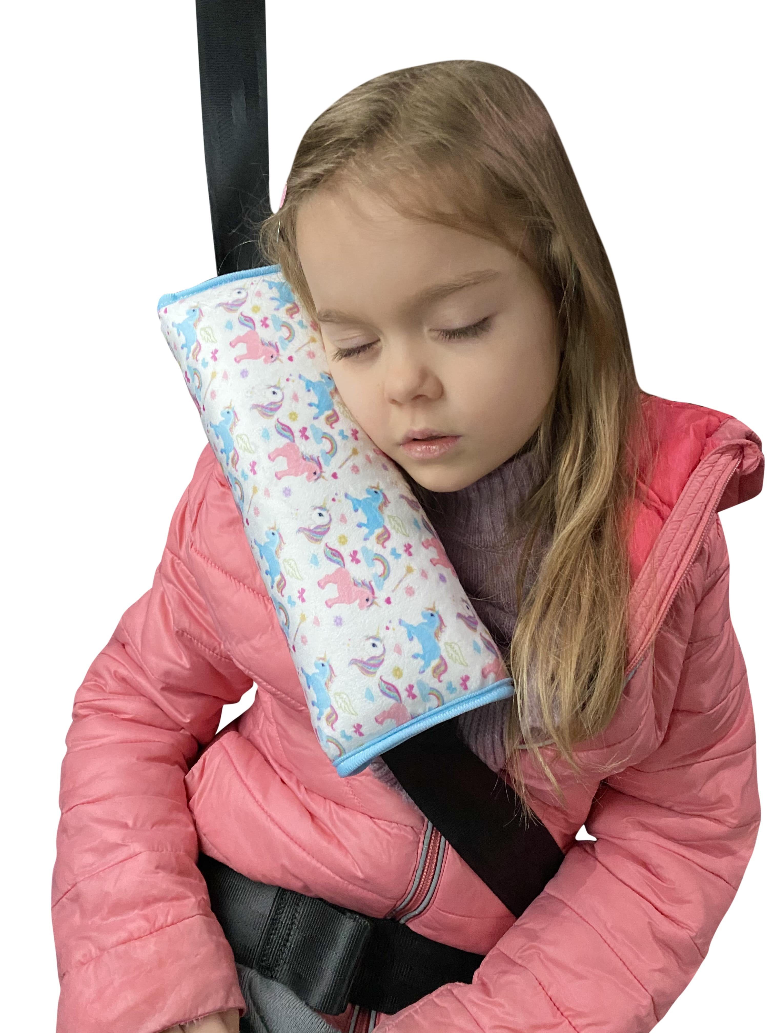 HECKBO Schlafkissen Auto Schlafkissen Einhorn Motiv für Kinder Mädchen Jungen - maschinenwaschbar – kuschelweich - Auto Gurtkissen, Gurtschoner, Gurtschutz Sitzerhöhung, Auto Kissen, Reisekissen, Urlaub