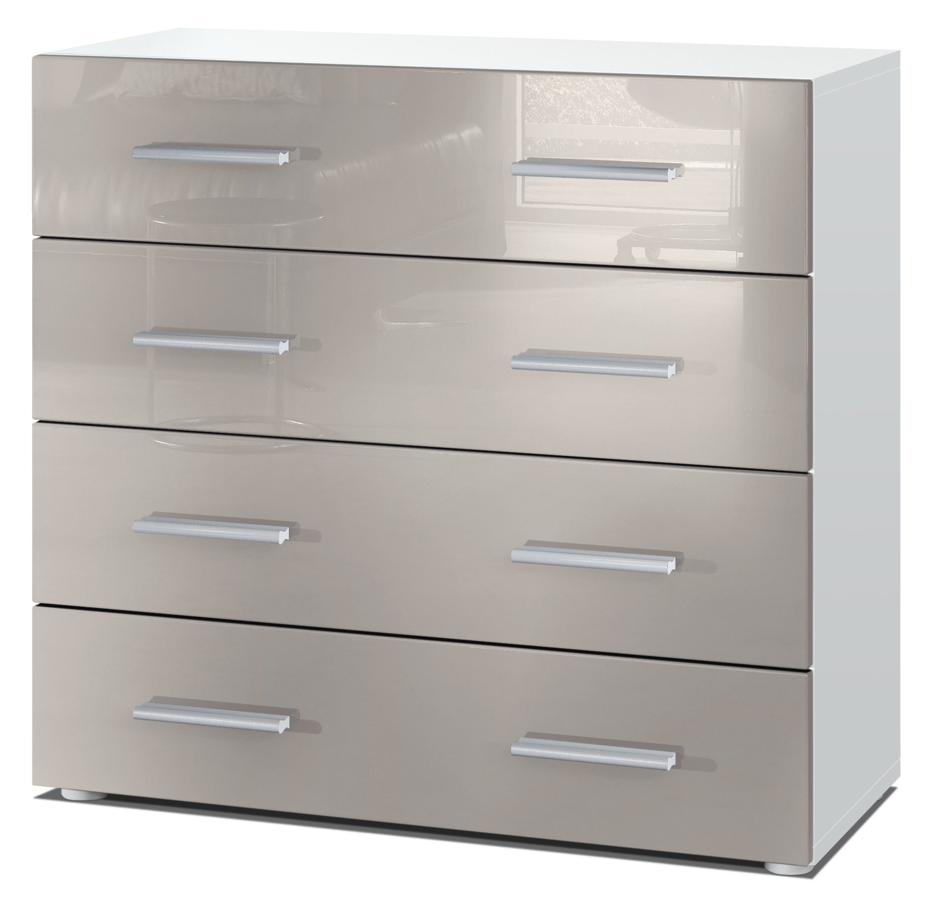 Vladon Kommode Pavos V1 (Kommode, ​mit 4 Schubladen), Weiß matt/Sandgrau Hochglanz (76 x 72 x 35 cm)