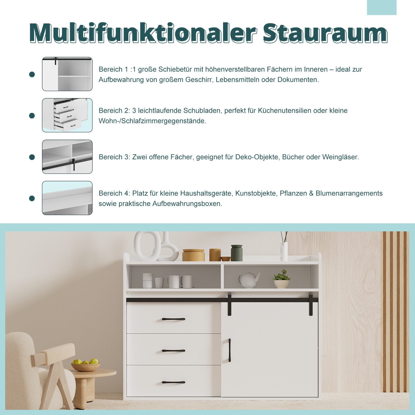 HOMAVO Sideboard HG1 kommode mit Schiebetüren & 4 Schubladen – 107 & 140 cm (FSC®, viel Stauraum, pflegeleicht), für Wohnzimmer Schlafzimmer Büro Flur – Bild 4 von 5