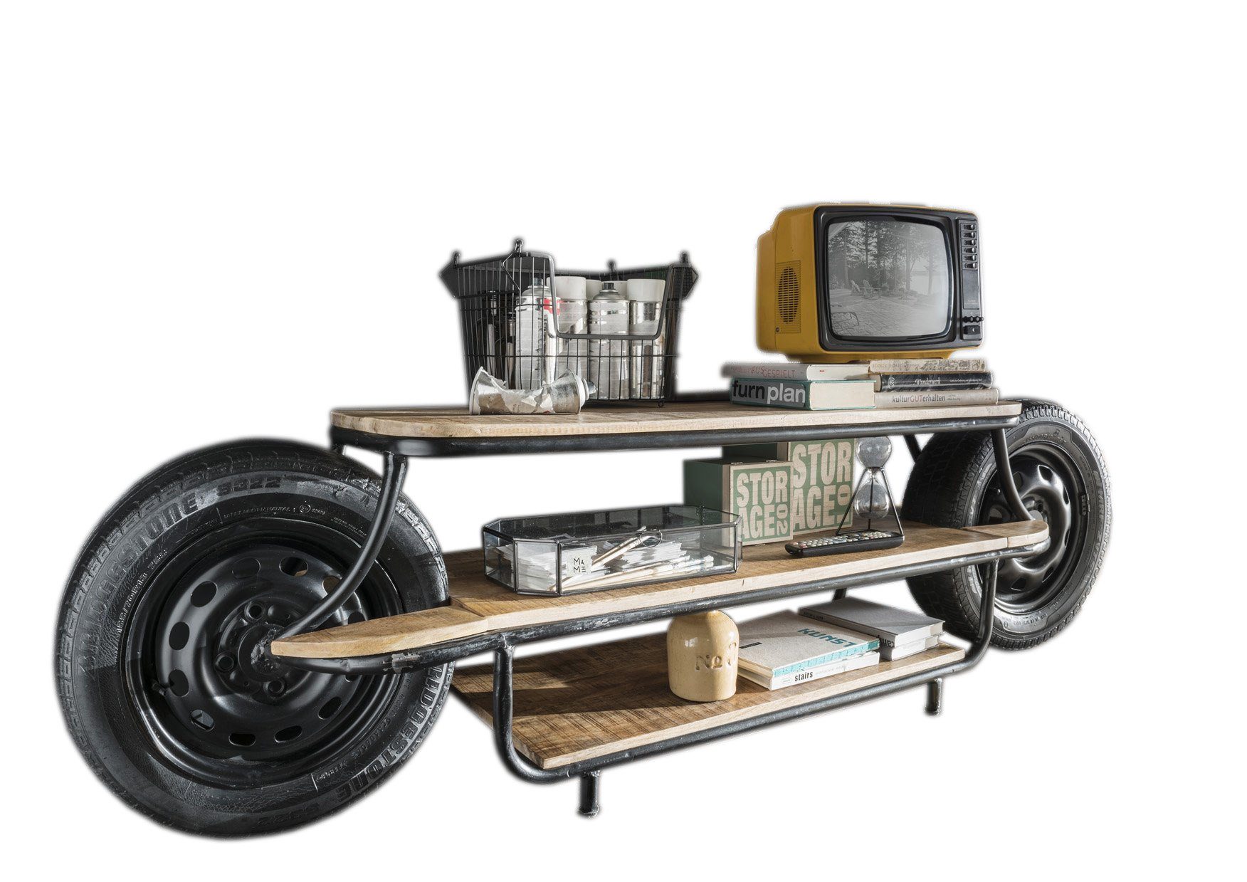 More2Home Lowboard CUSTOM BIKE, Mangoholz massiv, mit 2 echten Rädern für Biker