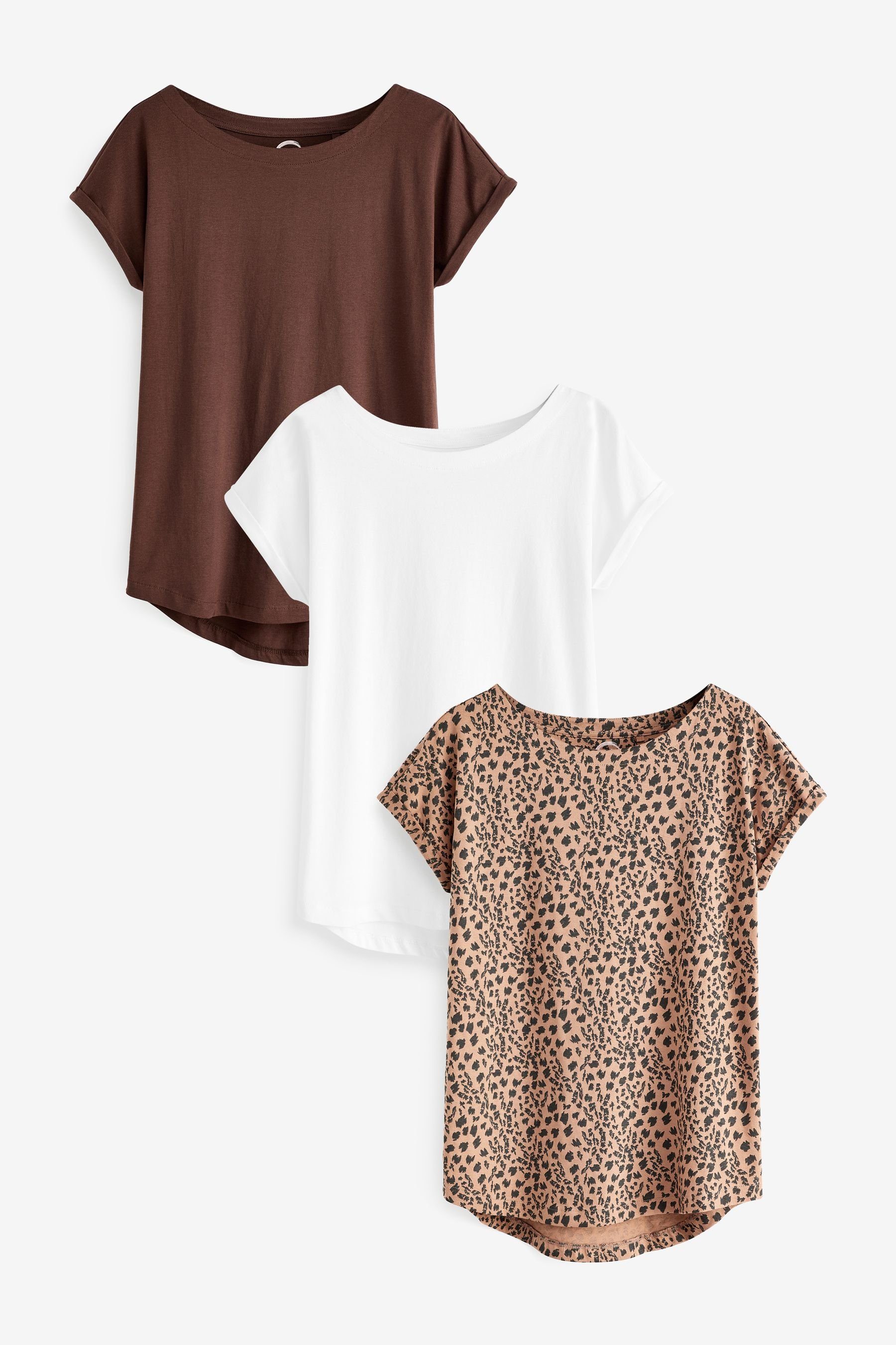 Next T-Shirt T-Shirts mit Flügelärmeln, Brown/White/Animal (3-tlg) 3er-Pack