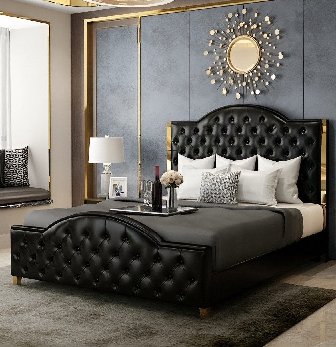 Xlmoebel Lederbett Luxus Bett Chesterfield Stil Schwarzes Elegant Lederbett Sofort (1-tlg), Hergestellt in Europa