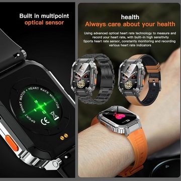 MYSHUN Herren mit Telefonfunktion Touchscreen IP68 Wasserdicht Stahl Sport Smartwatch (2.02 Zoll, Andriod iOS), mit Blutdruckmessung 123 Sportmodi Aktivitätstracker 3 Uhrenarmbänder