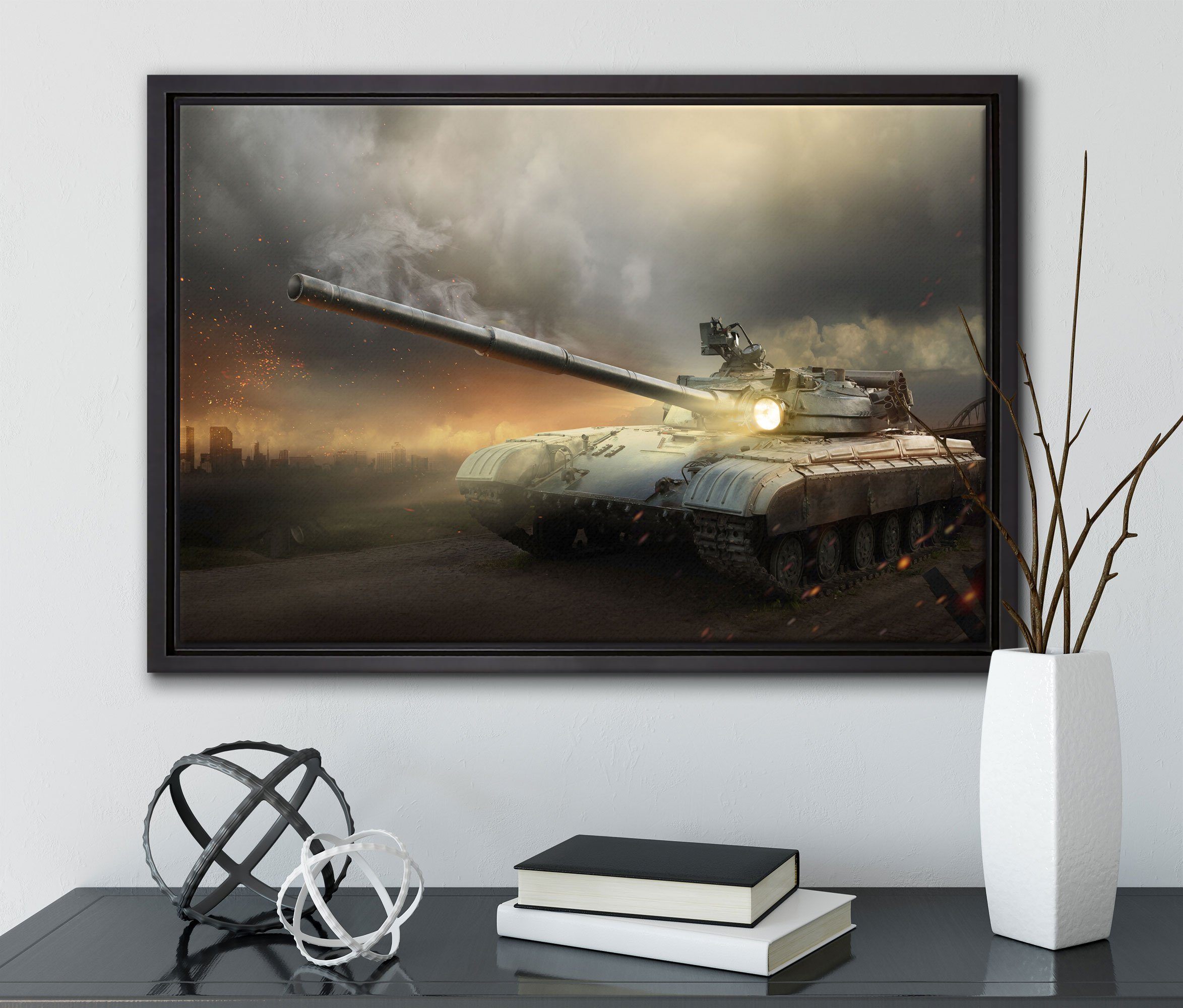 Pixxprint Leinwandbild Schattenfugen-Bilderrahmen in gefasst, einem Leinwandbild im bespannt, Zackenaufhänger (1 St), fertig Panzer inkl. Nebel, Wanddekoration