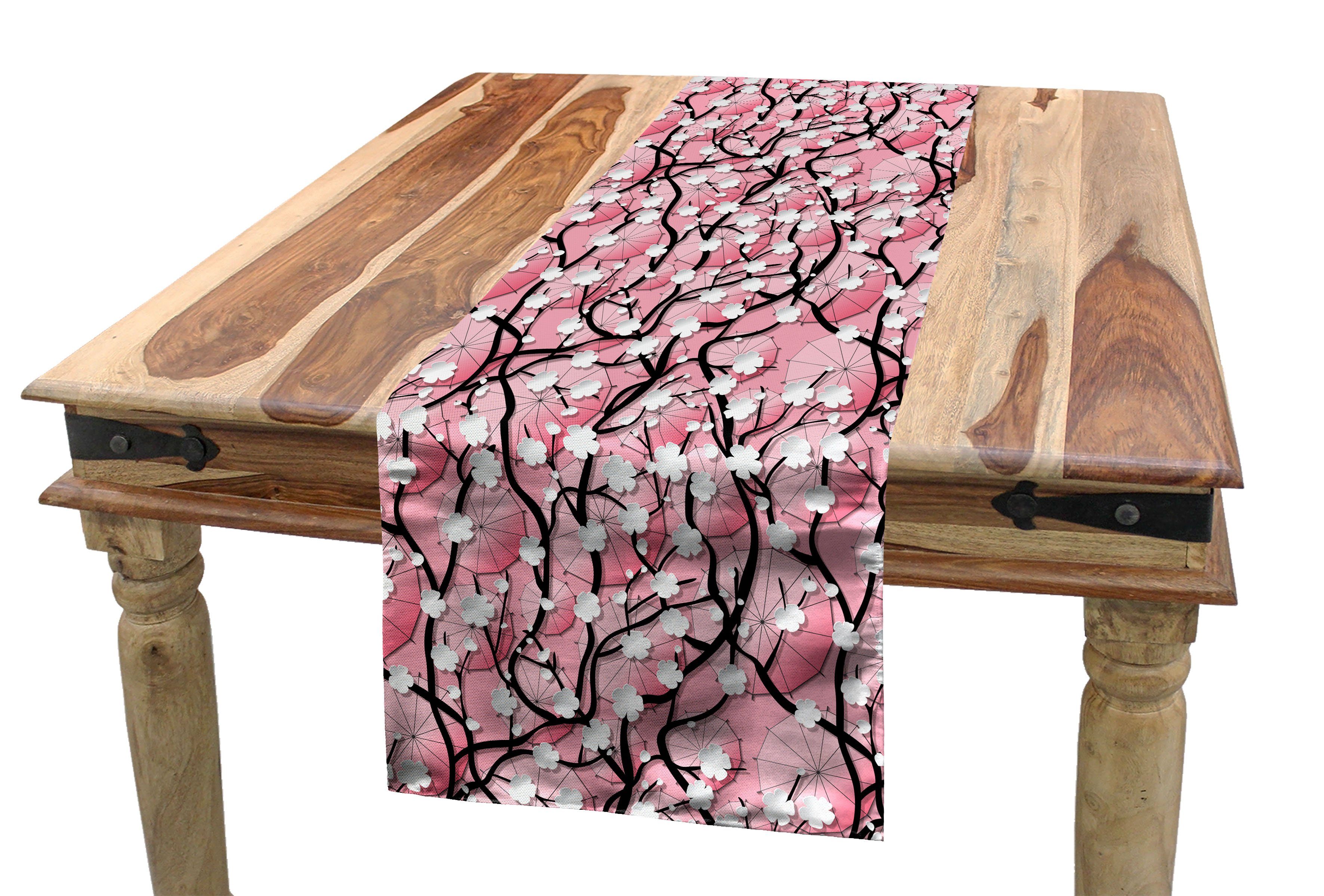 Abakuhaus Tischläufer Esszimmer Küche Rechteckiger Dekorativer Tischläufer, Rosa Sakura Baum Regenschirme