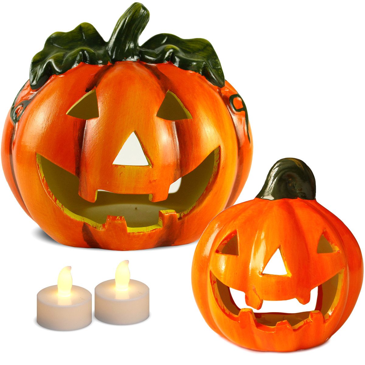 matches21 HOME & HOBBY Dekofigur Jack O Lantern Kürbis LED Windlichter 2er Set als Halloween-Deko (2 St), 10x18 cm Ton Deko-Kürbisse als Herbst-Deko Party Tisch-Deko