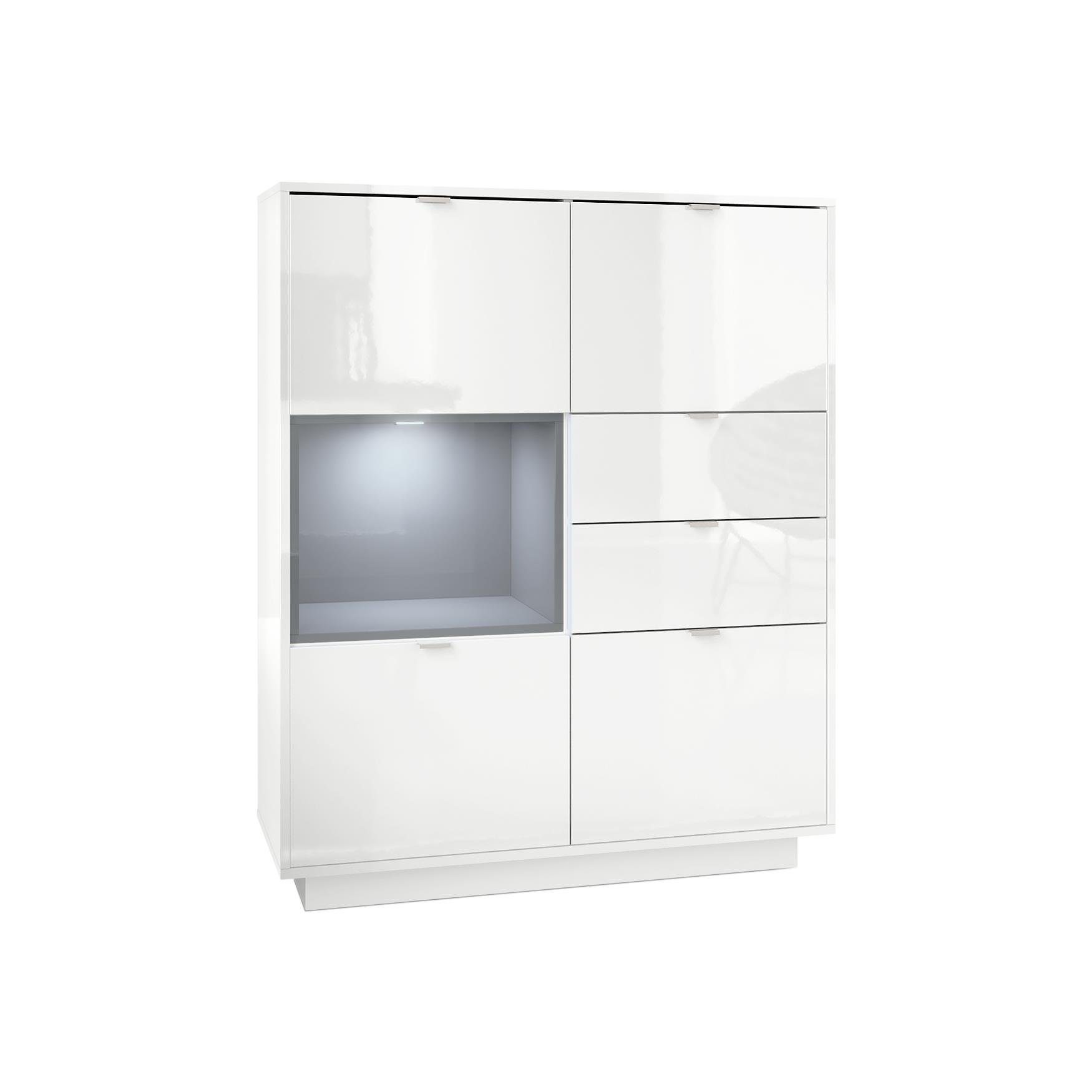 Vladon Highboard Metro (Highboard, mit 4 Türen, 2 Schubladen und 1 offenem Fach), Grau Hochglanz (103 x 123 x 37,5 cm)