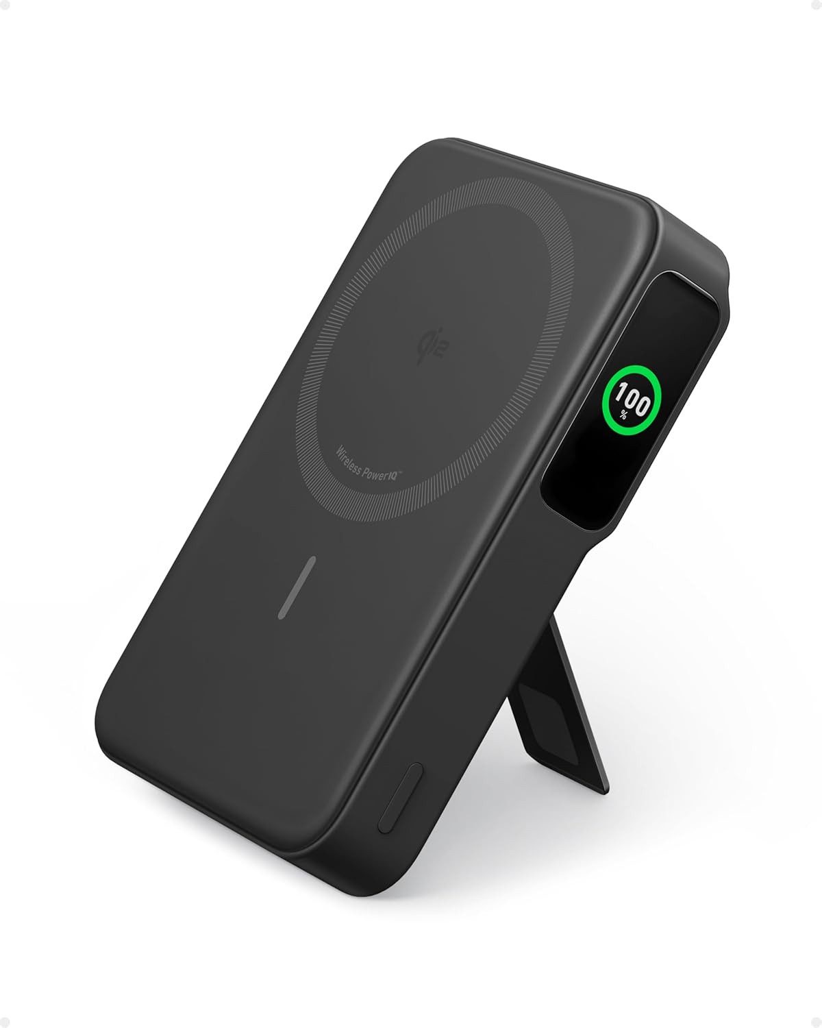 Anker Anker MagGo Powerbank, Smartes Display&klappbarer Ständer, 10.000mAh Powerbank Qi2-zertifiziertes 15W schnelles MagSafe-kompatibles mobiles Ladegerät, 10000 mAh (5 V), Für iPhone 17/16/15/14/13/12, Inkl. USB-C Kabel