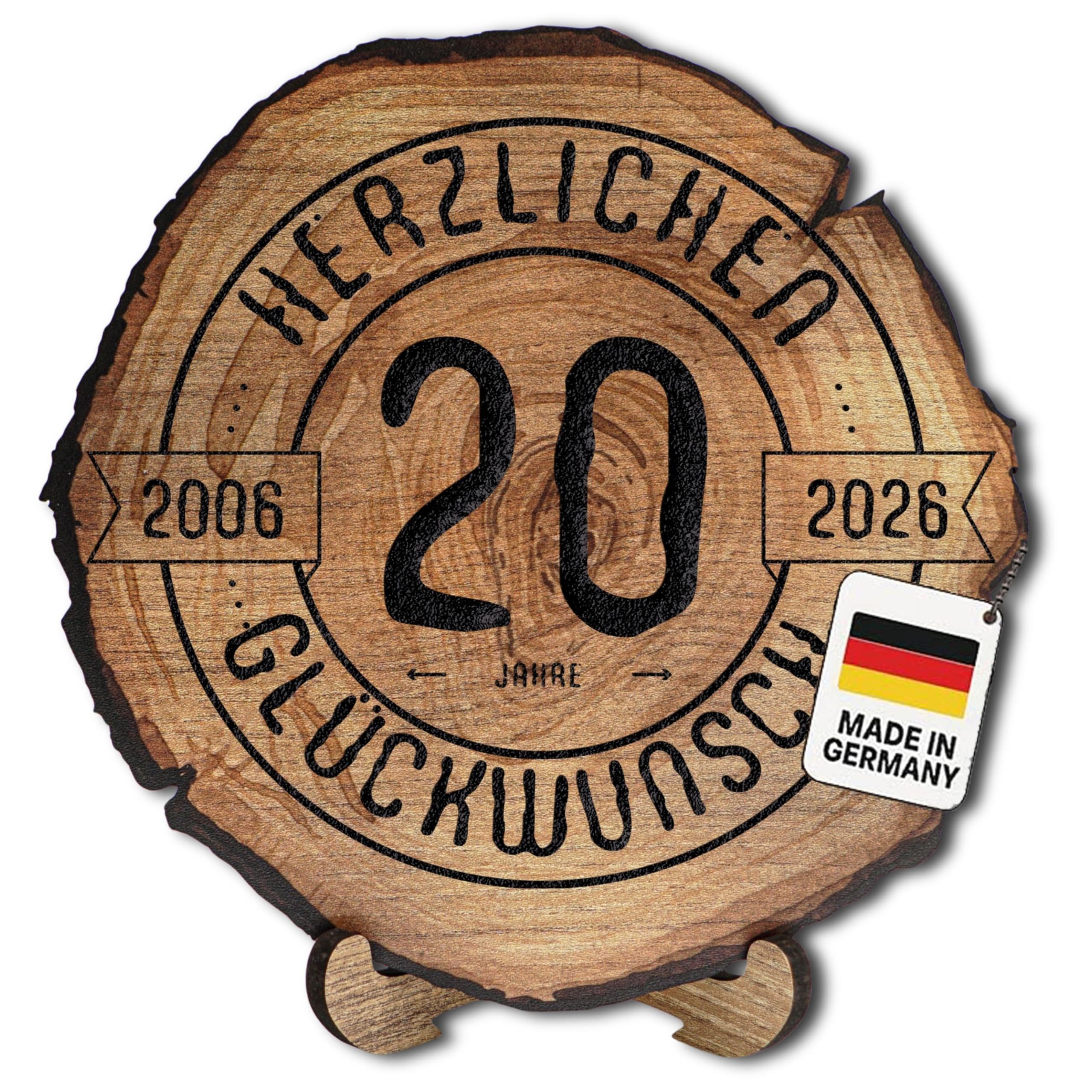 DARO Design Dekoobjekt Geburtstagsschild Holzscheibe Jubiläum Geschenk mit Gravur (Dekoration, 20. Geburtstag – 2006–2026), Ø 30 cm, 6 mm HDF