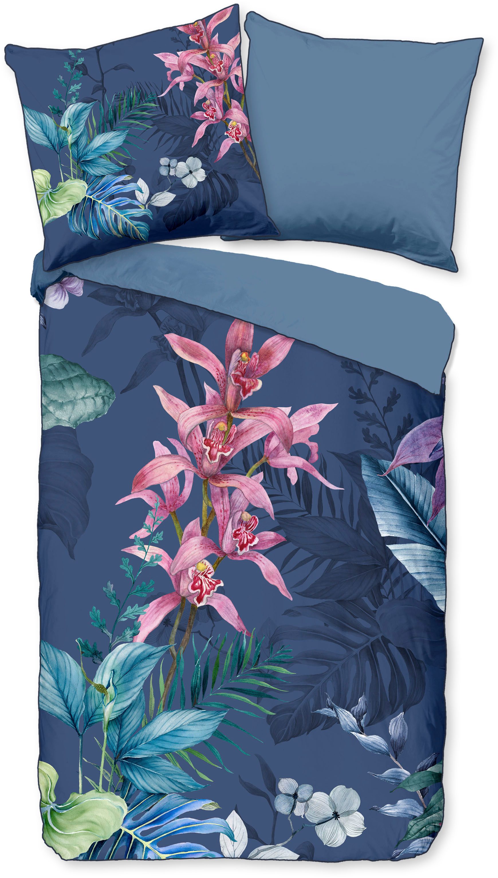 Descanso Wendebettwäsche Maee, Mako-Satin, Renforcé, Satin, 2 teilig, Satin, Reißverschluss, Paspel, Biese, Wendeoptik, Luxe, Blume, Blau