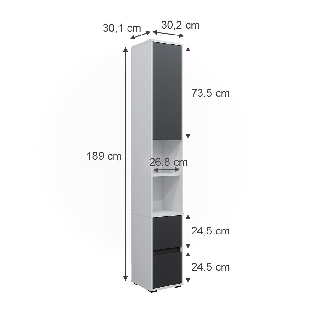 Vicco Hochschrank Maltin, Weiß/Weiß, 30.2 x 189 cm mit einer Tür und zwei Schubladen (1-St)