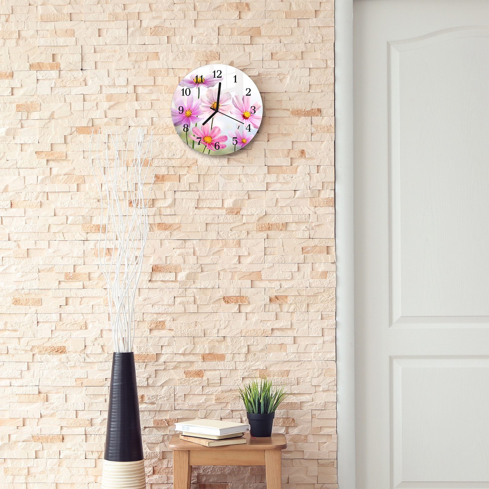 Wanduhr Motiv mit mit Glas Durchmesser cm Quarzuhrwerk 30 und Blüten - Wanduhr aus Primedeco digital Rund