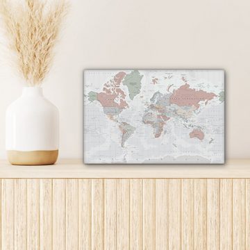 OneMillionCanvasses® Leinwandbild Weltkarte - Vintage - Pastell - Erde - Grau - Pädagogisch, (1 St), Wandbild Leinwandbilder, Aufhängefertig, Wanddeko, 30x20 cm