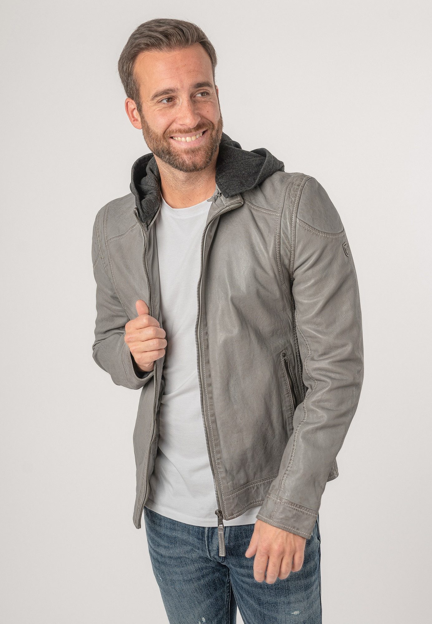 Mauritius Lederjacke MMKarlos Mauritius - Herren Lederjacke Kapuze Lammnappa light grey