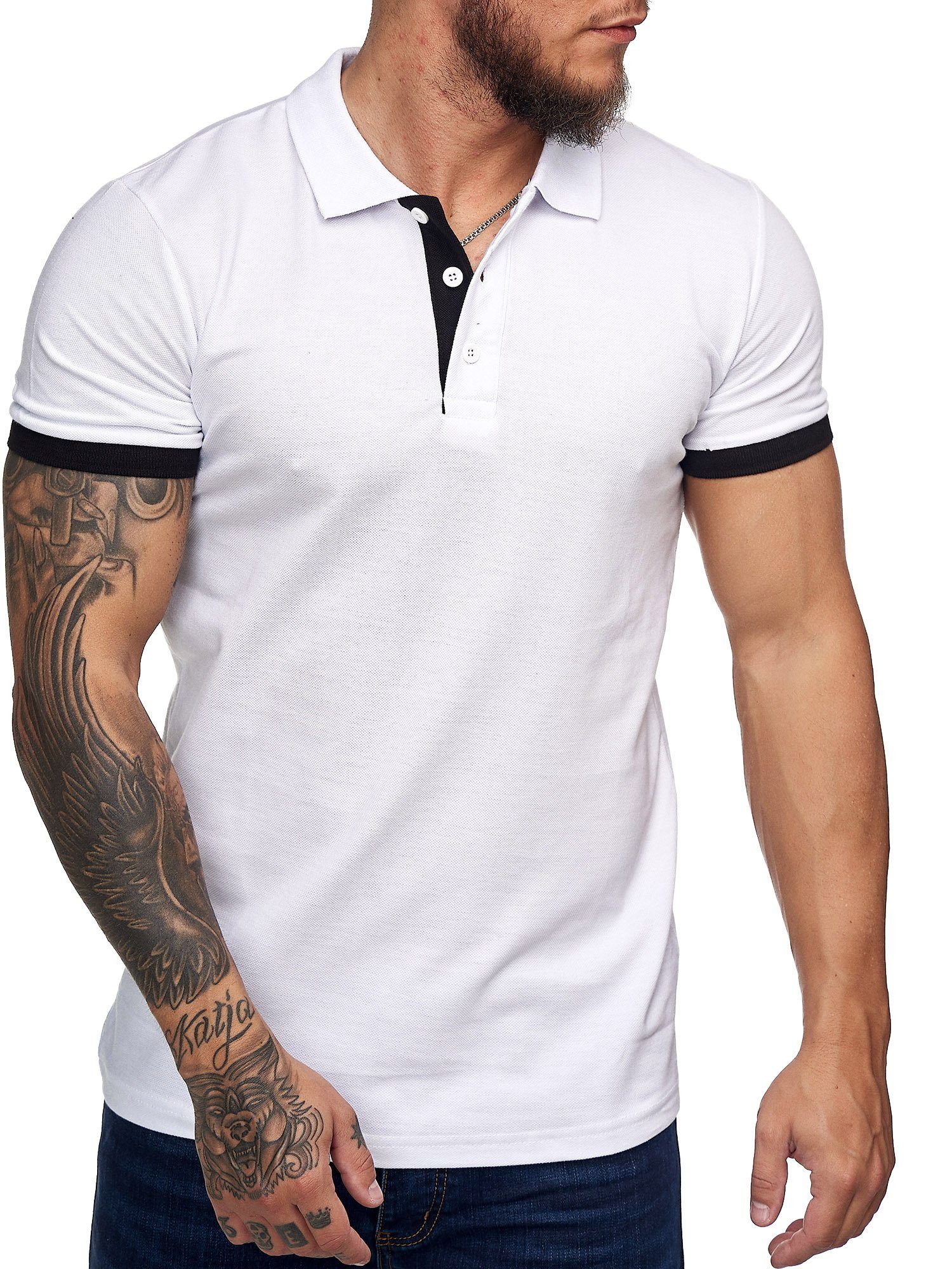 John Kayna T-Shirt Herren T-Shirt Poloshirt Shirt Kurzarm Printshirt Polo Kurzarm 1402C1 (Shirt Polo Kurzarmshirt Tee, 1-tlg) Fitness Freizeit Casual Weiss