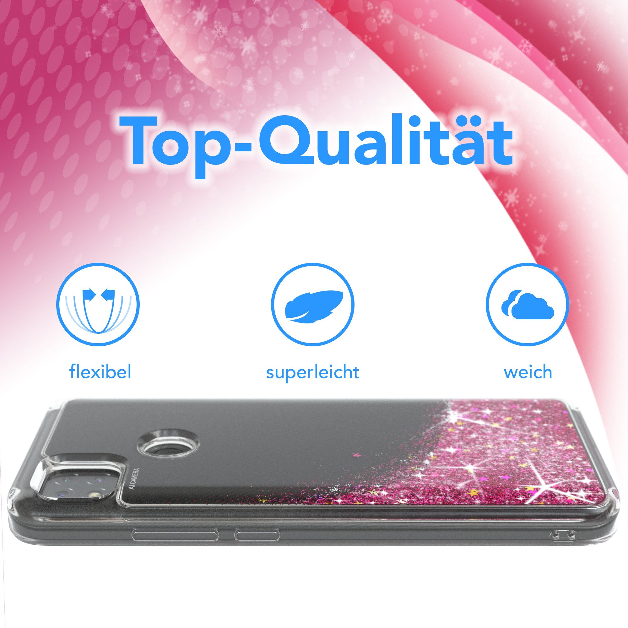 EAZY CASE Handyhülle Liquid Glittery Case für Xiaomi Redmi 9C 6,53 Zoll, Glitzerhülle Shiny Slimcover stoßfest Durchsichtig Bumper Case Pink