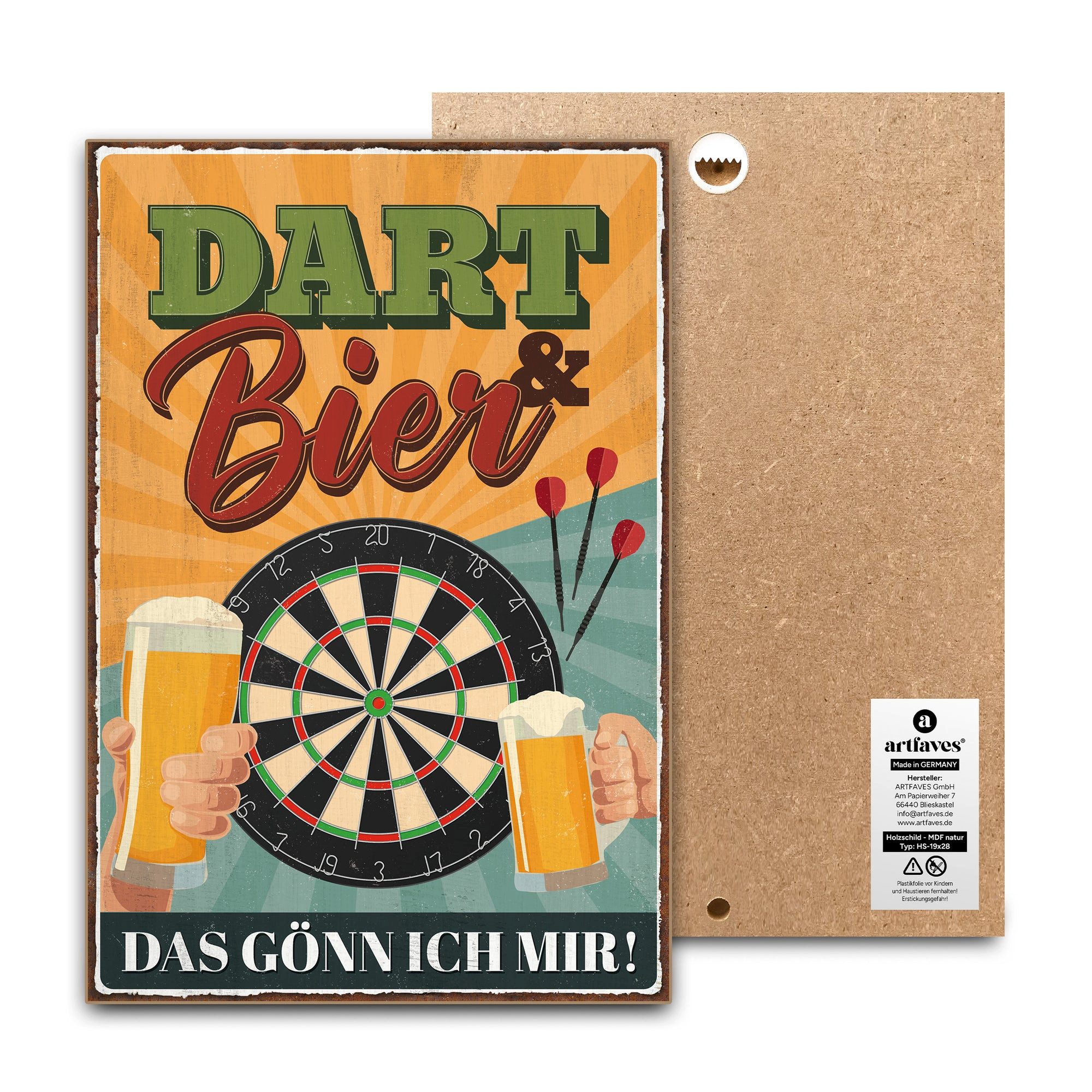 ARTFAVES Holzbild Schild mit Spruch - Dart und Bier - Hobbyraum, Stammtisch, Männer, Vat