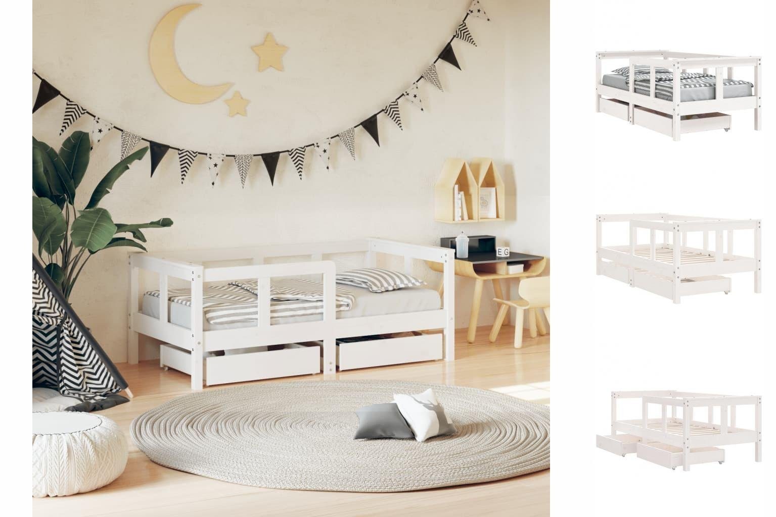 vidaXL Kinderbett Kinderbett mit Schubladen Weiß 70x140 cm Massivholz Kiefer