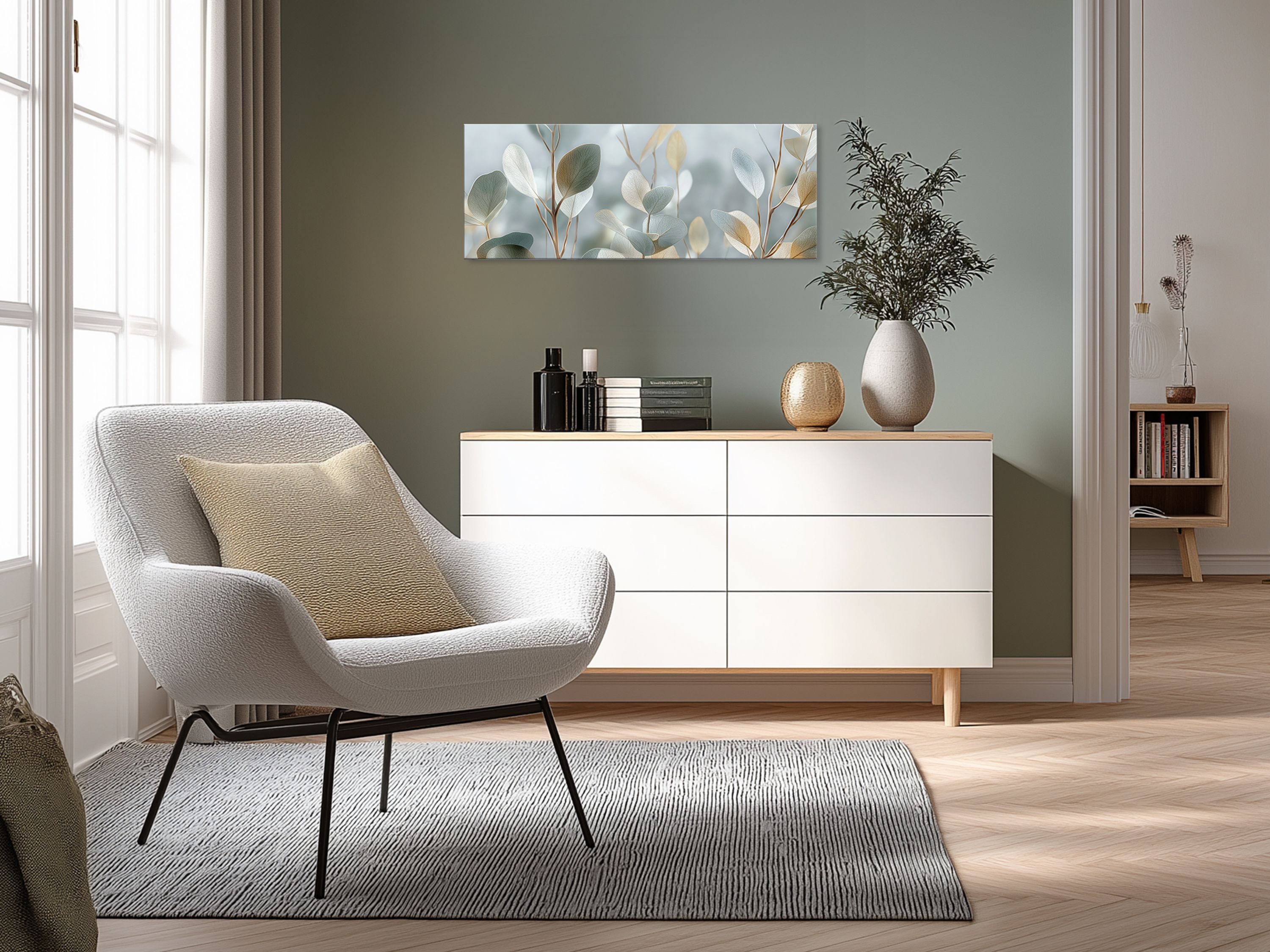 artissimo Glasbild Bild aus Glas 80x30 cm / Wandbild Querformat / Wanddeko modern, Natur: Eukalyptus Pastell