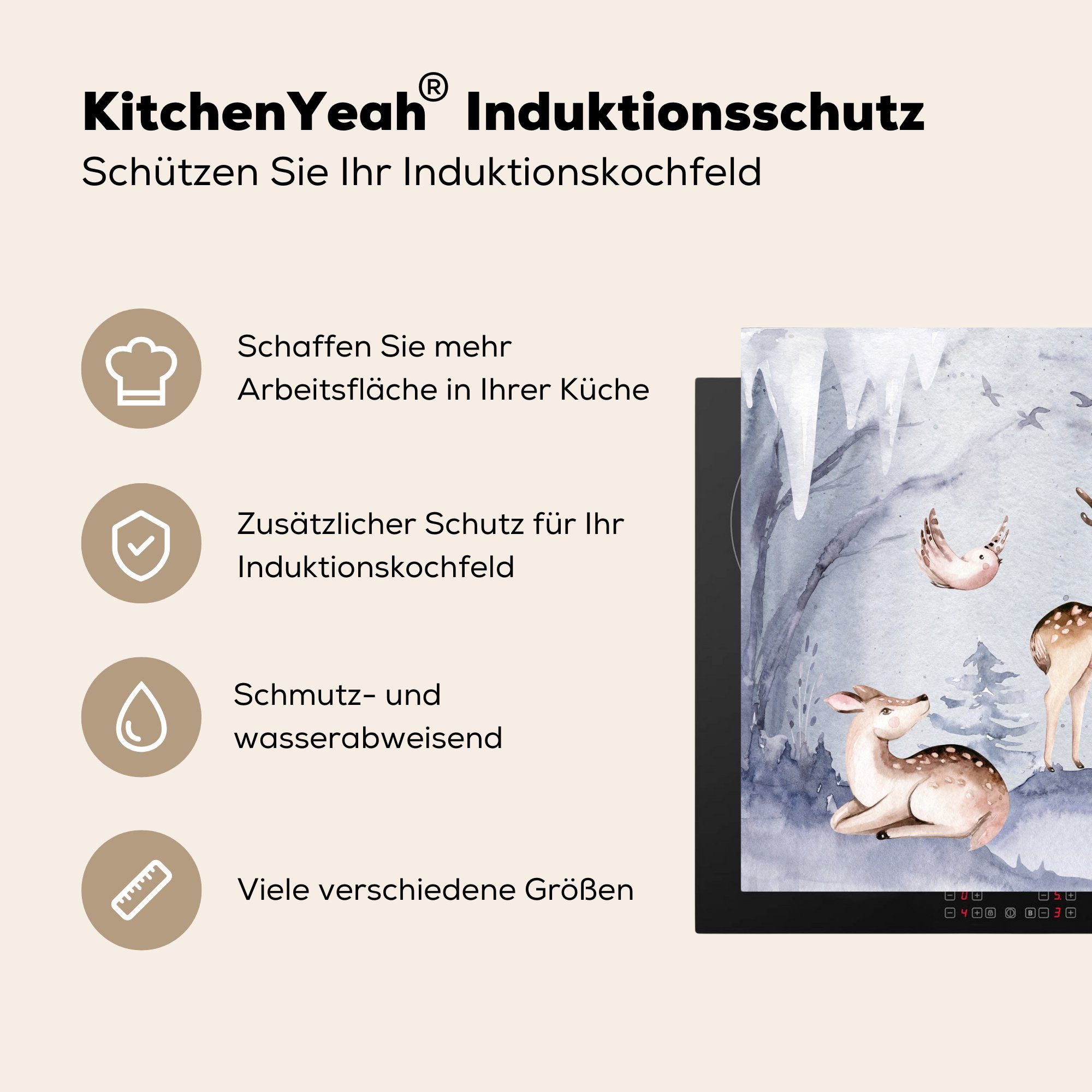 MuchoWow Herdblende-/Abdeckplatte Winter - (1 Vogel cm, Ceranfeldabdeckung, für küche Hirsch, Vinyl, Arbeitsplatte 78x78 - tlg)
