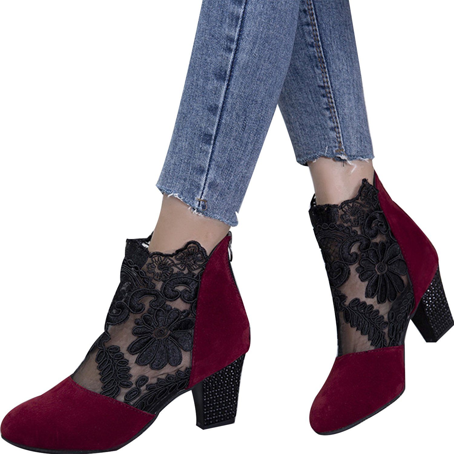 Booties Blockabsatz Daisred Spitzenbesatz Rot Absatzschuhe Pumps Damen Sandalen