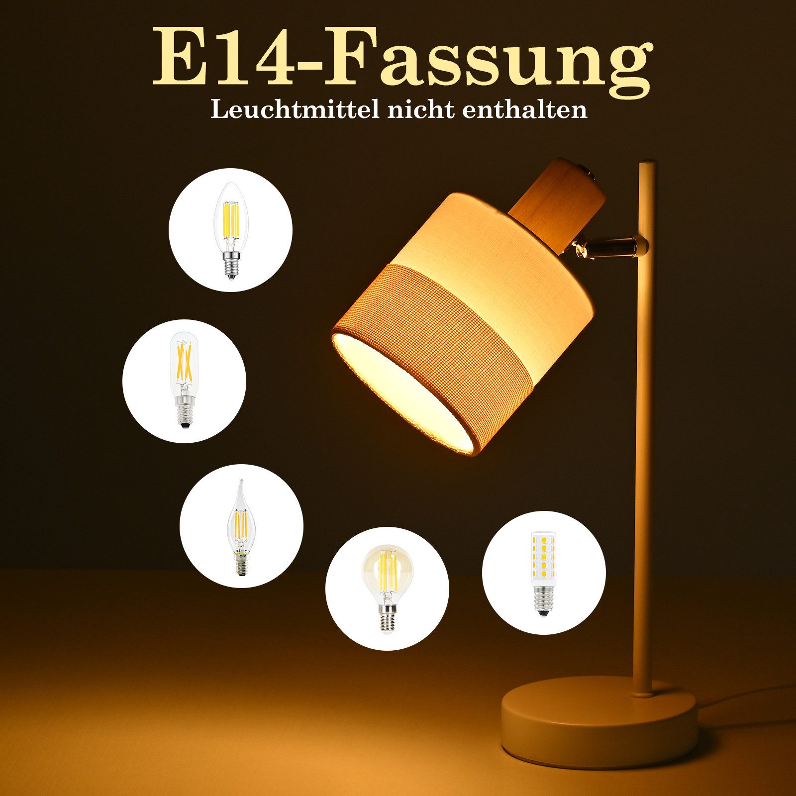 ZMH Tischleuchte E14 Stoff Vintage Weiß/Schwarz - Holz Wohnzimmer Tischlampe, ohne Leuchtmittel, verstellbare Nachttischlampe mit Stecker und Schalter