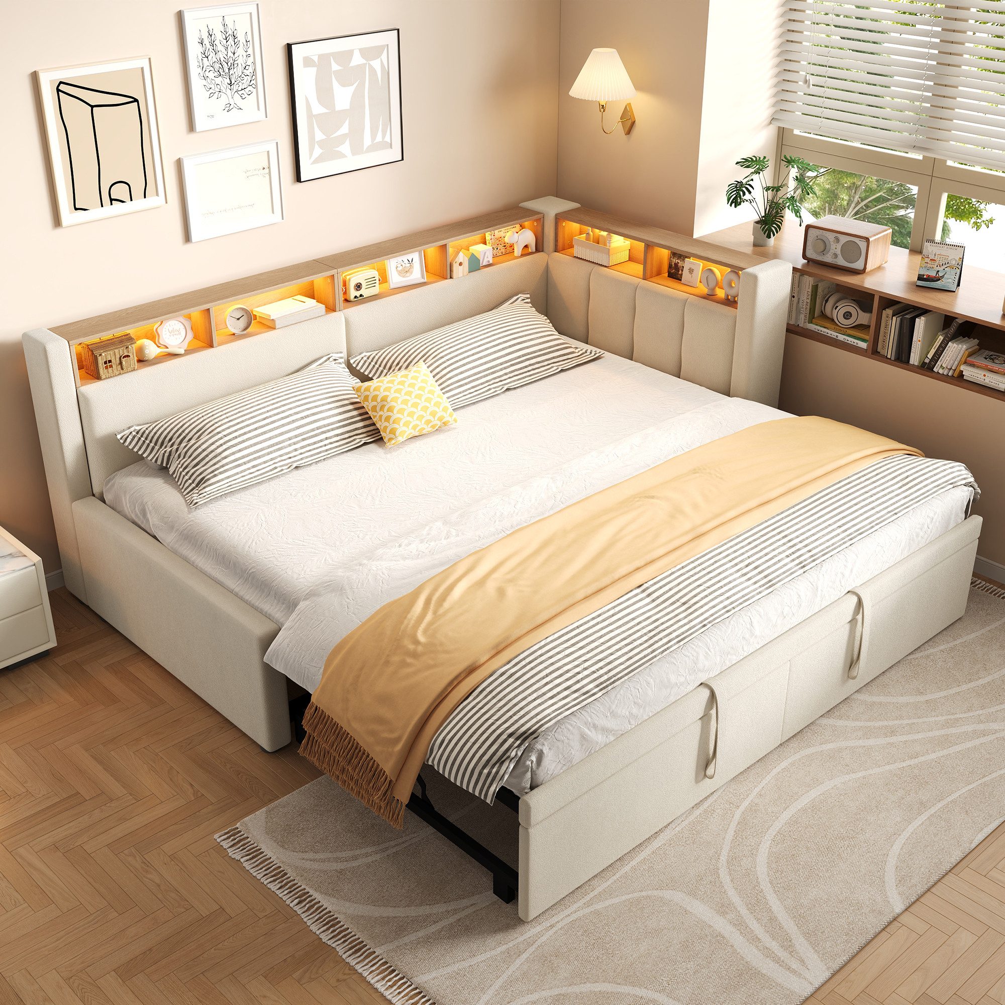 Flieks Daybett, L-Form Polsterbett 90/180x200cm mit Ausziehbett, LED-Beleuchtung