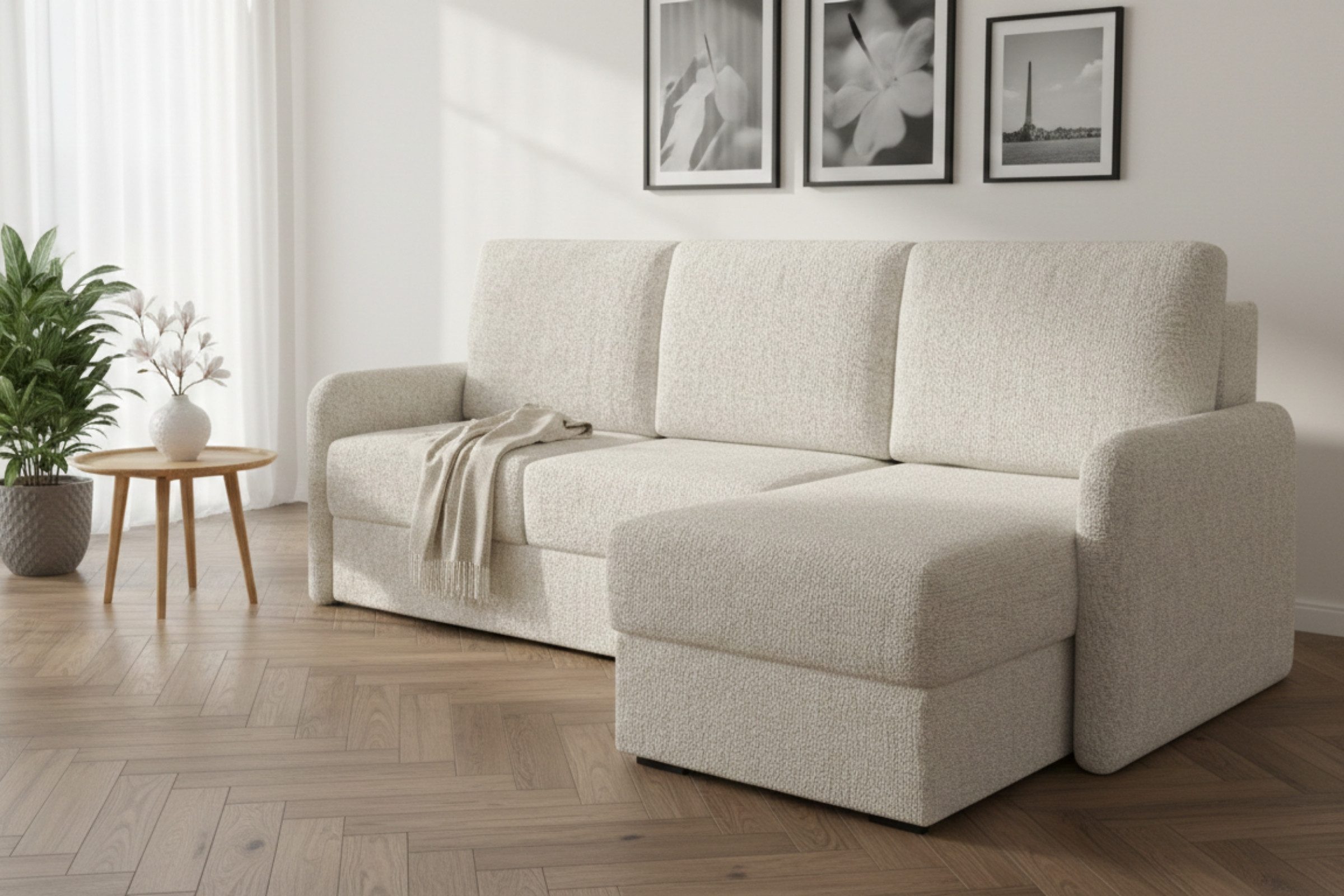 Deine Möbel 24 Ecksofa BIANCO Wohnlandschaft Sofa L-Form mit Schlaffunktion und Bettkasten, Weiß Creme Grau Hellgrau Anthrazit Schwarz 1 Teile, Bouclé / Stoff, Schlaffläche 195x144 cm