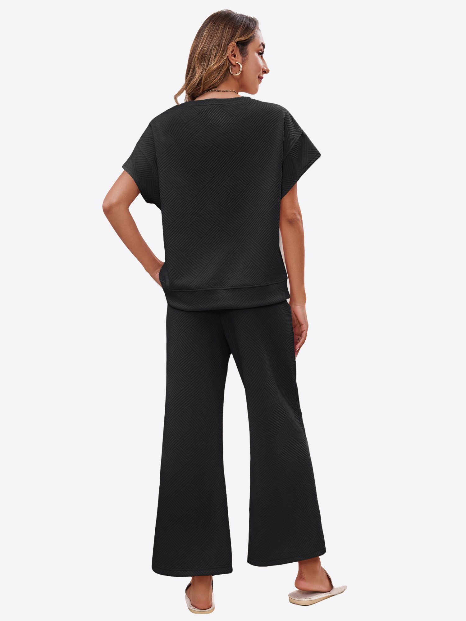 Imily Bela Hausanzug Damen Loungewear-Sets (Set, 1 tlg., Kurzarmtops + Cropped-Hosen mit weitem Bein) einfarbig – Bild 3 von 5