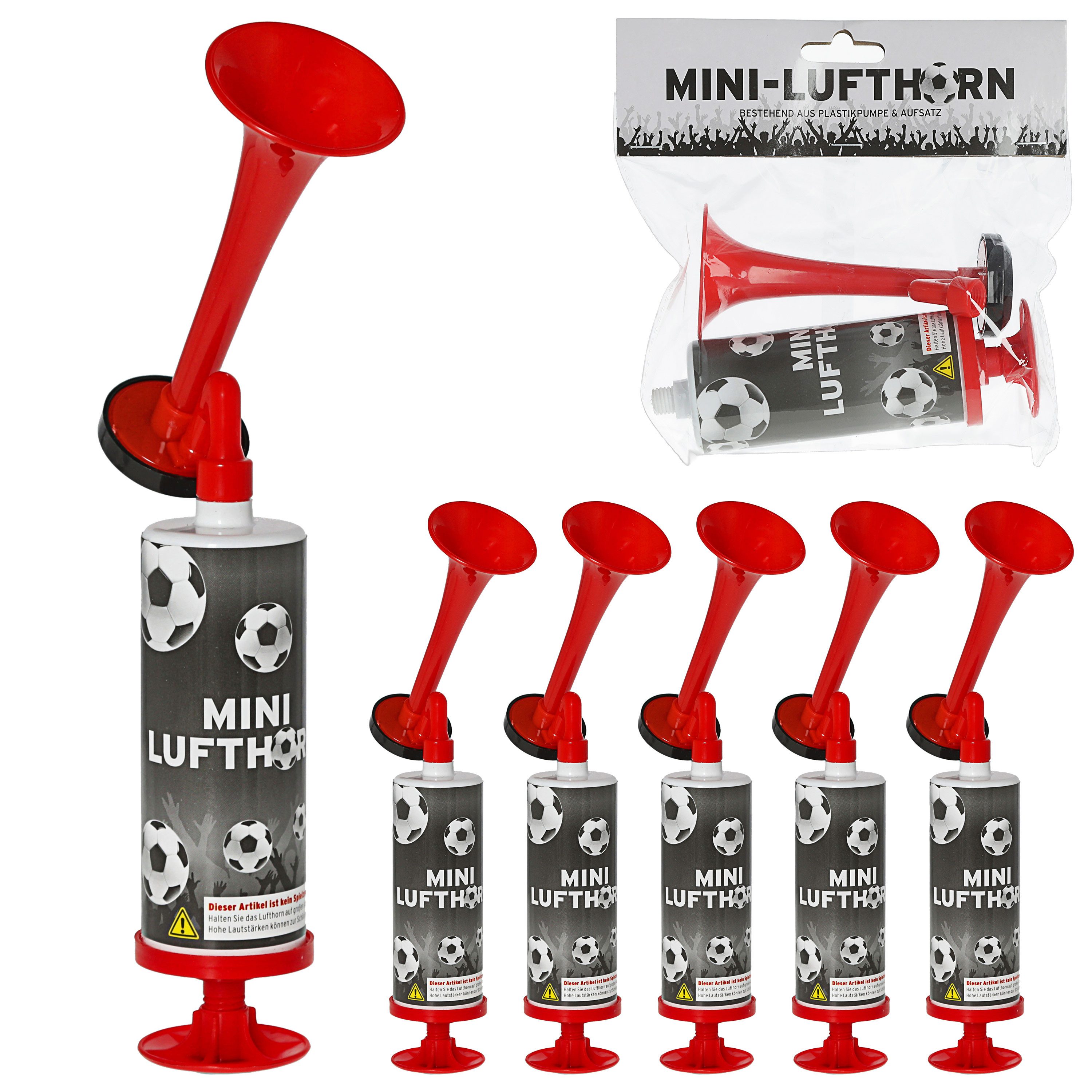 CEPEWA Signalpfeife Mini Lufthorn 6er Set Pumpe Horn Fanfare Luftdruck Fussball WM EM