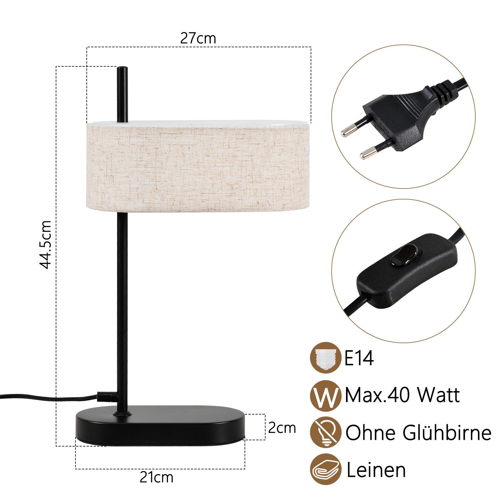 Nettlife Tischleuchte Vintage Stoffschirm E14 Schwarz 44.5cm Schlafzimmer mit Kabel, mit Schalter, LED wechselbar, Retro Tischlampe mit Stecker für Wohnzimmer Büro