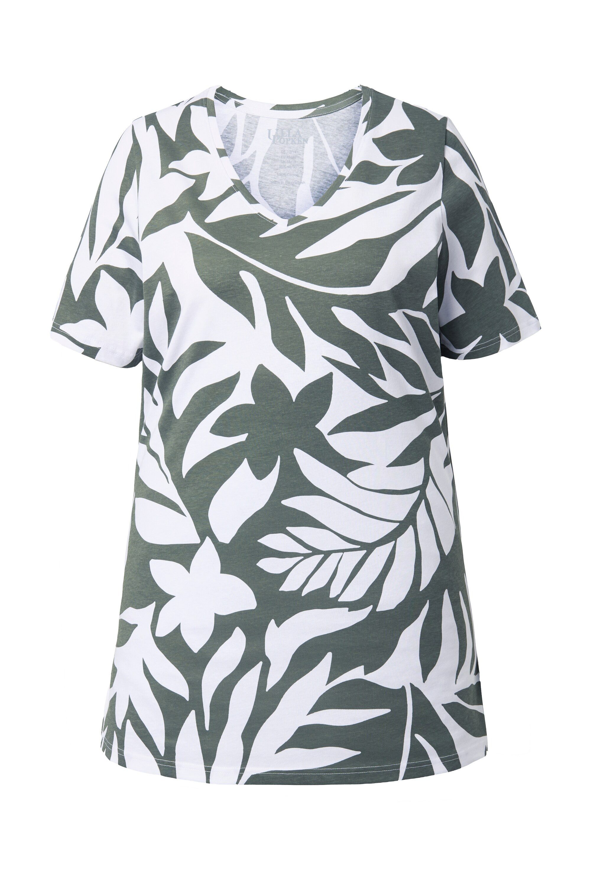 Longshirt Longshirt Blätter A-Linie V-Ausschnitt Halbarm