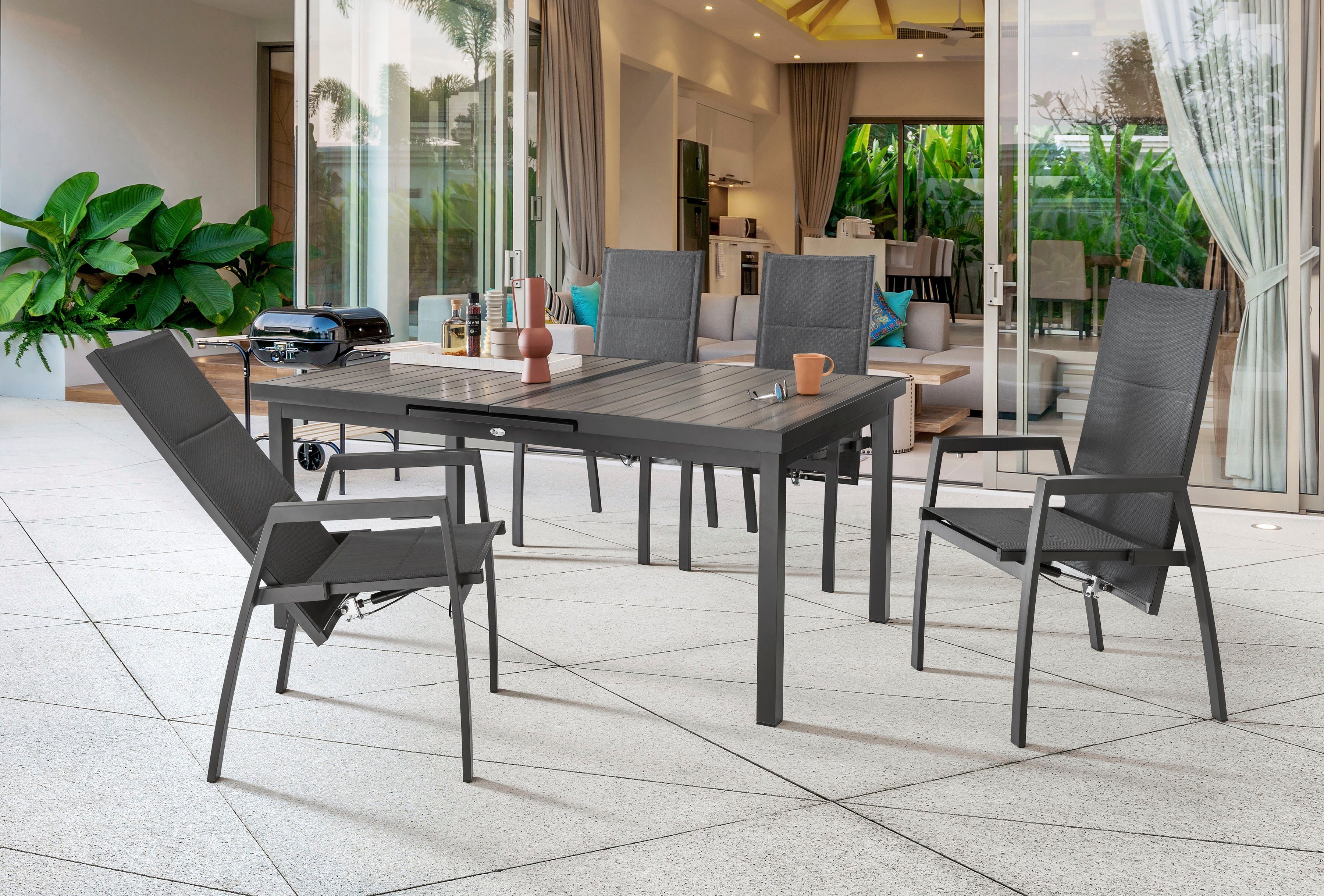Destiny Garten-Essgruppe COSTA HL IMOLA 4 HL + Ausziehtisch 165/215x100cm, (Set, 5-tlg., 4 Hochlehner stufenlos verstellbar, 1 Tisch mit Synchronauszug), Aluminium, Textilene, Polywood