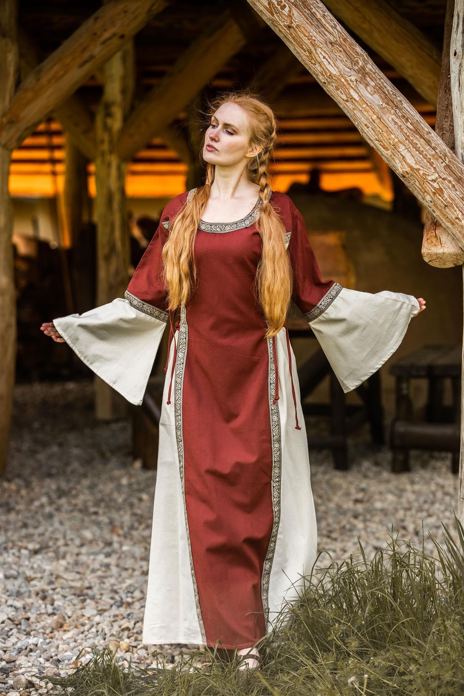 Leonardo Carbone Burgfräulein-Kostüm Trompetenärmelkleid "Sophie" mit Bordüre, seitliche Schnürungen, hochwertige Baumwolle