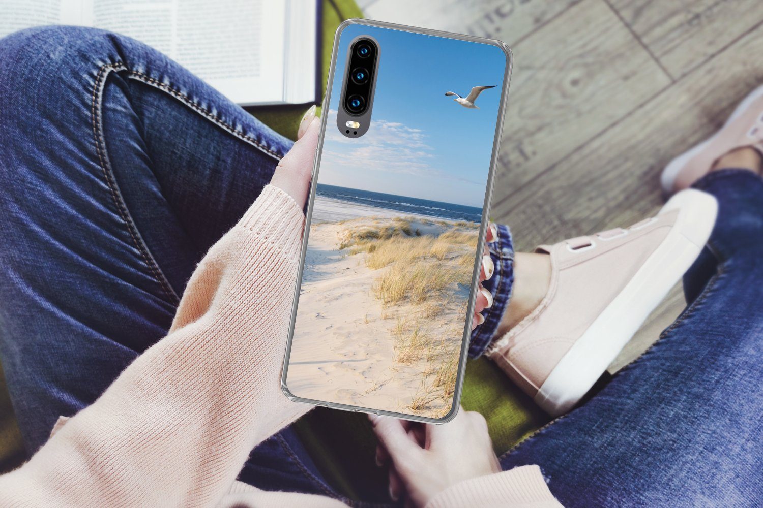 MuchoWow Handyhülle für Huawei P30 Düne - Möwe - Strand - Meer - Sonne, Handy Case, Silikon, Bumper Case Dünn